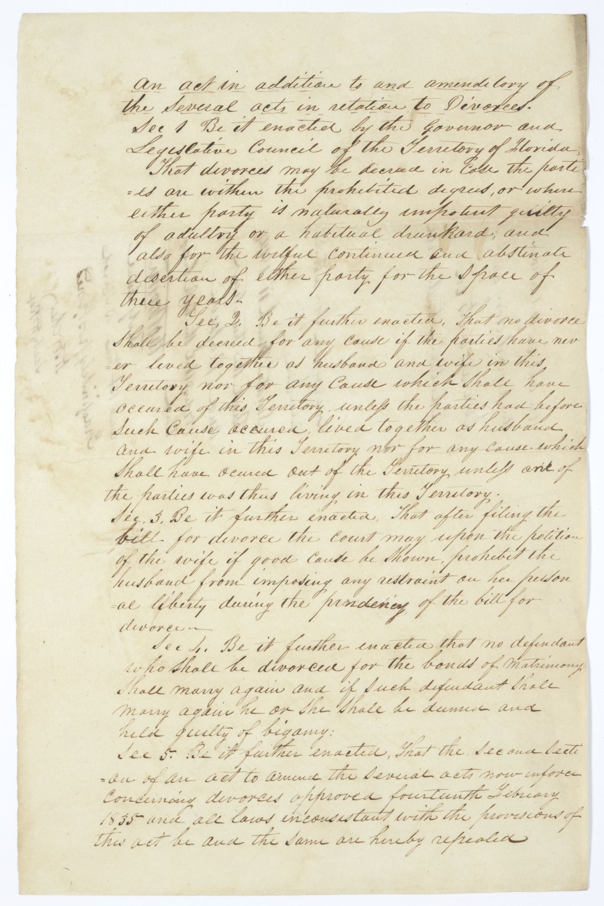 Draft of an Act in Addition to and Amendatory of the Several Acts in Relation to Divorce, 1844