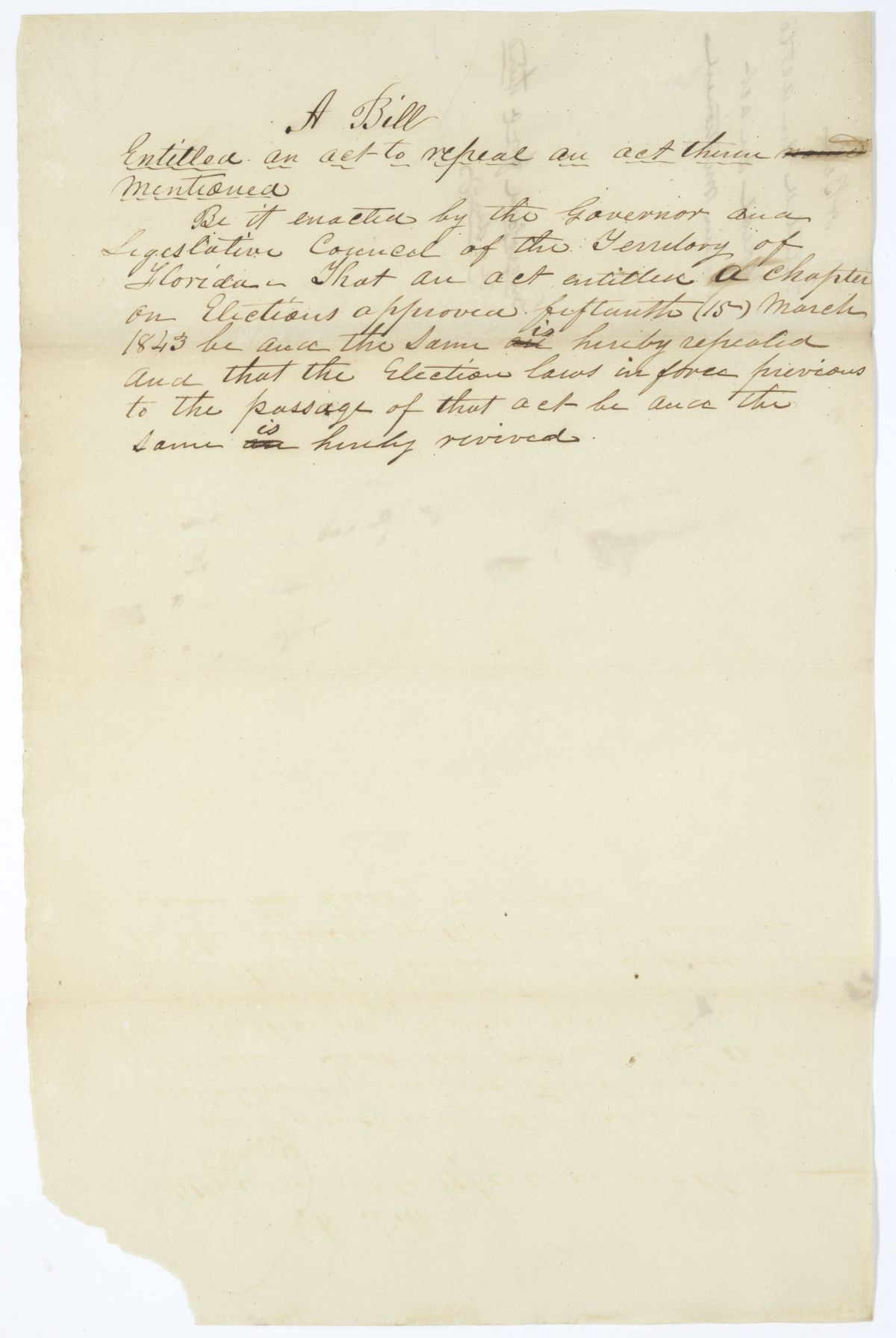 Draft of an Act to Repeal an Act Therein Mentioned, circa 1845