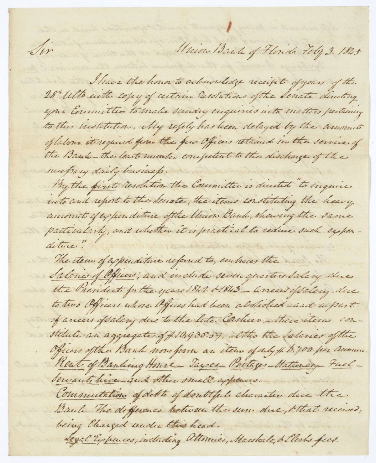 Letter from John G. Gamble to James M. Gilchrist Concerning Resolutions of the Senate, 1845