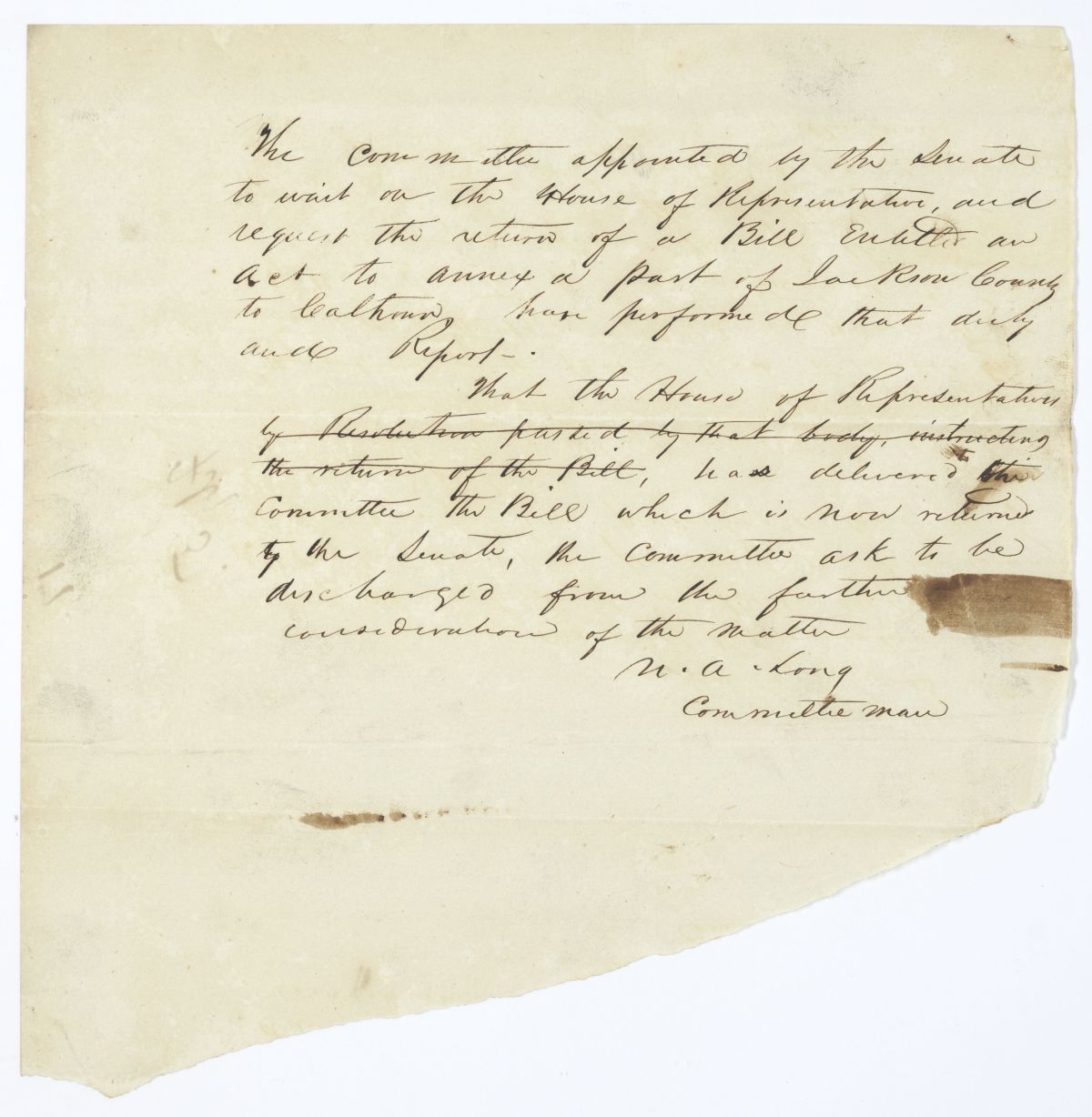 Report of the Committee Appointed by the Senate to Request the Return of a Bill from the House, circa 1845