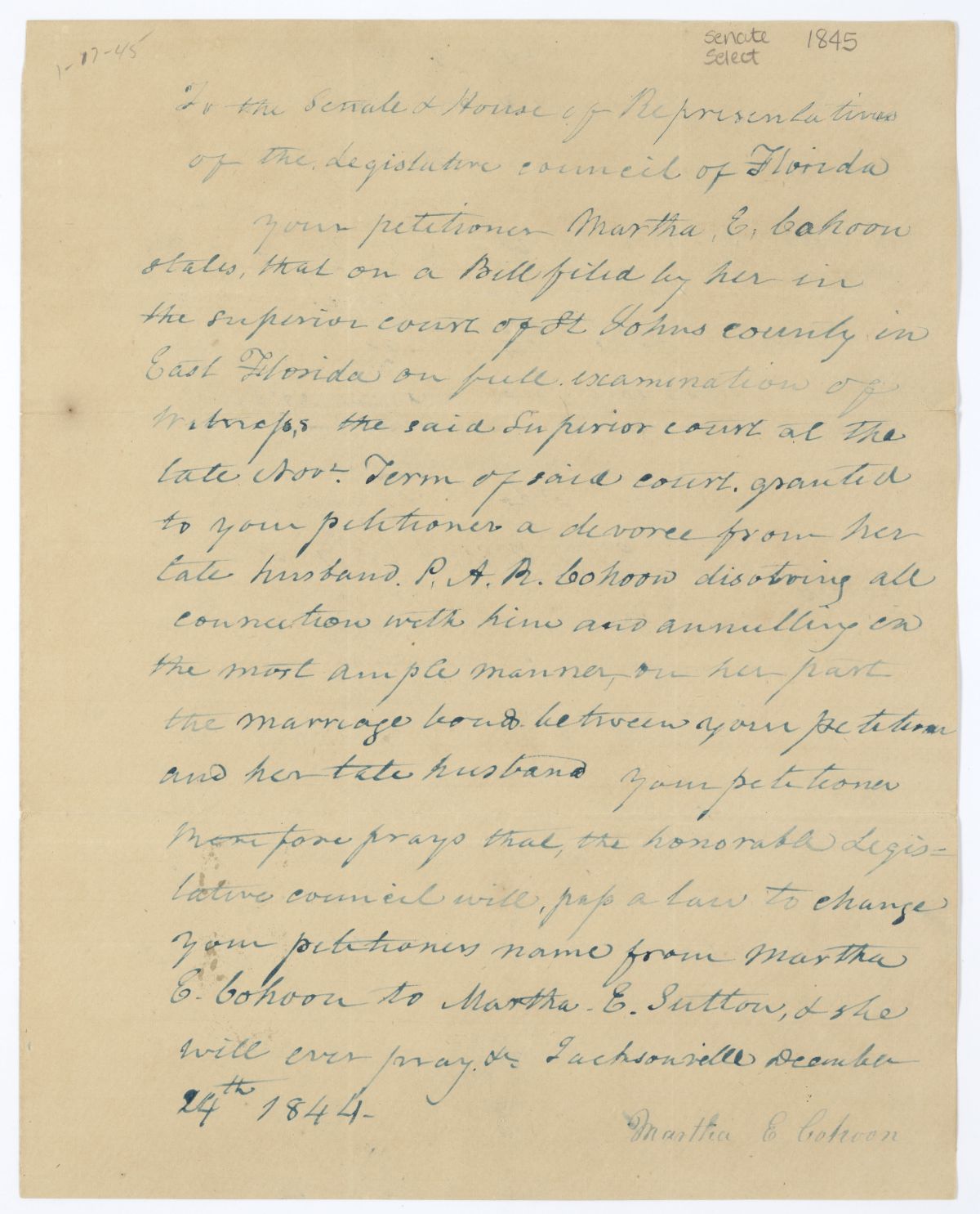 Petition of Martha E. Cahoon Requesting to Have Her Name Changed, 1844