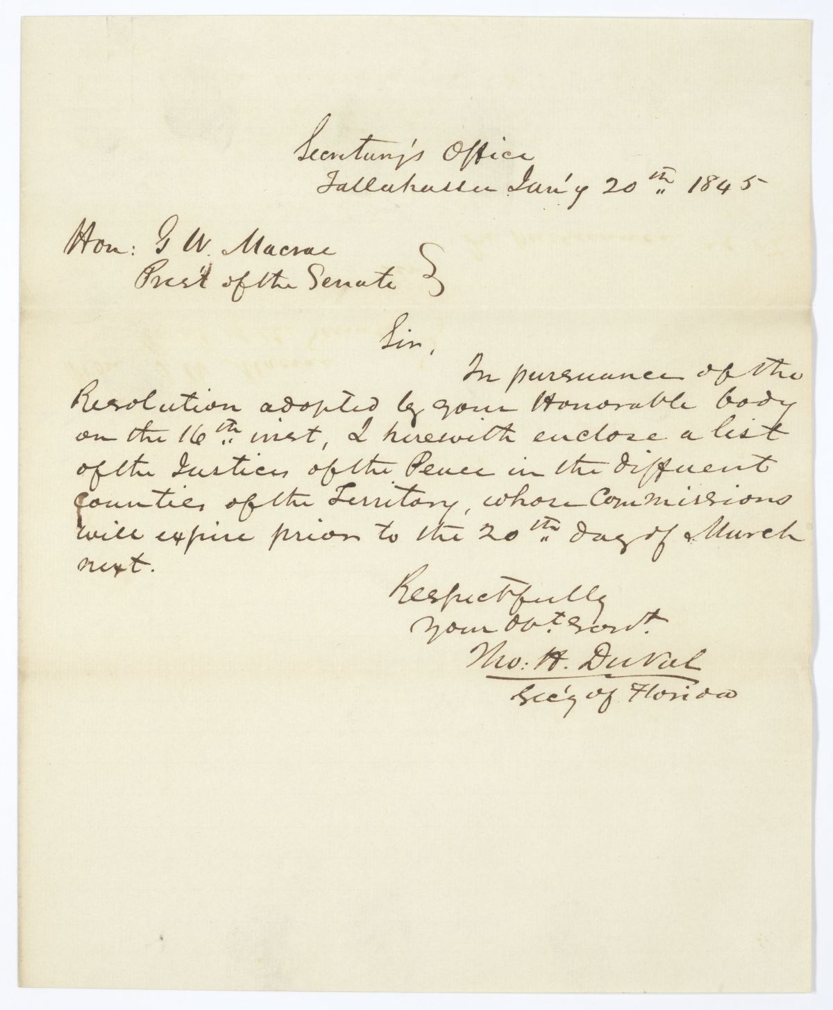 Letter from Thomas H. Duval to G. W. Macrae Regarding a List of Justices of the Peace, 1845