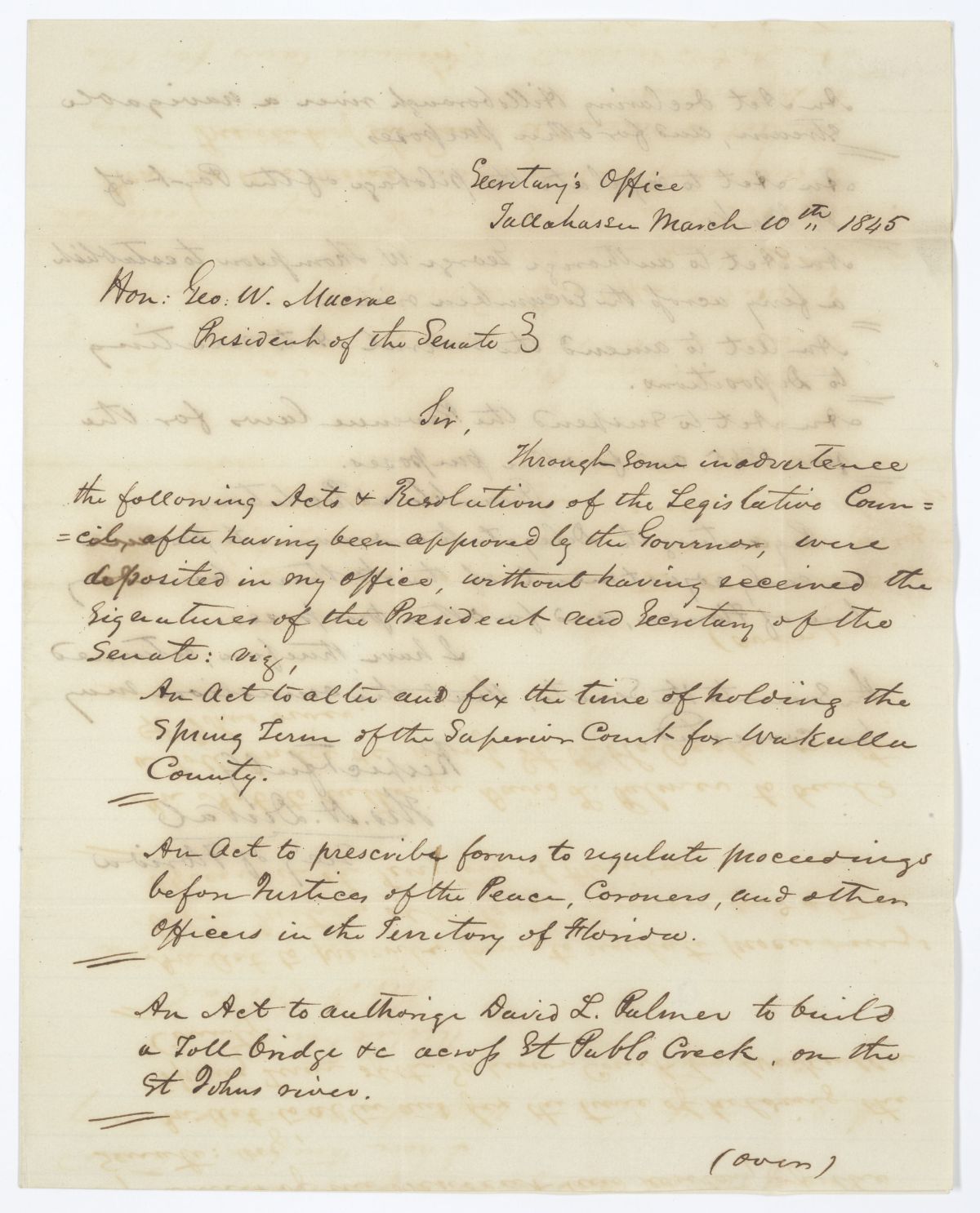 Letter from Thomas H. Duval to G. W. Macrae Concerning Unsigned Acts and Resolutions, 1845