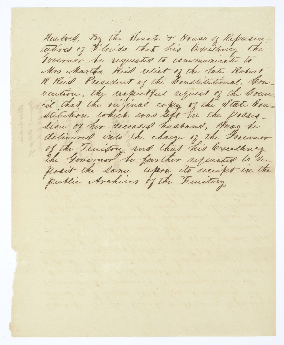 Resolution Requesting that the Governor Obtain the Original State Constitution from Martha Reid, 1845