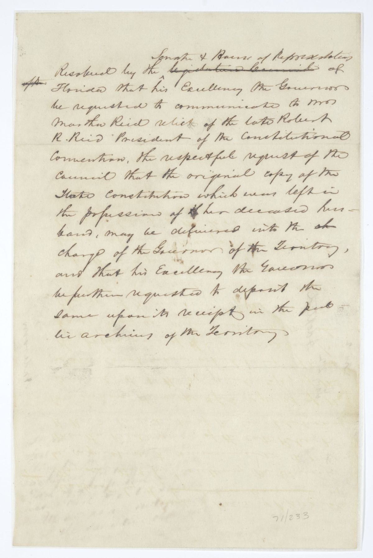 Resolution Requesting that the Governor Obtain the Original State Constitution from Martha Reid, circa 1845