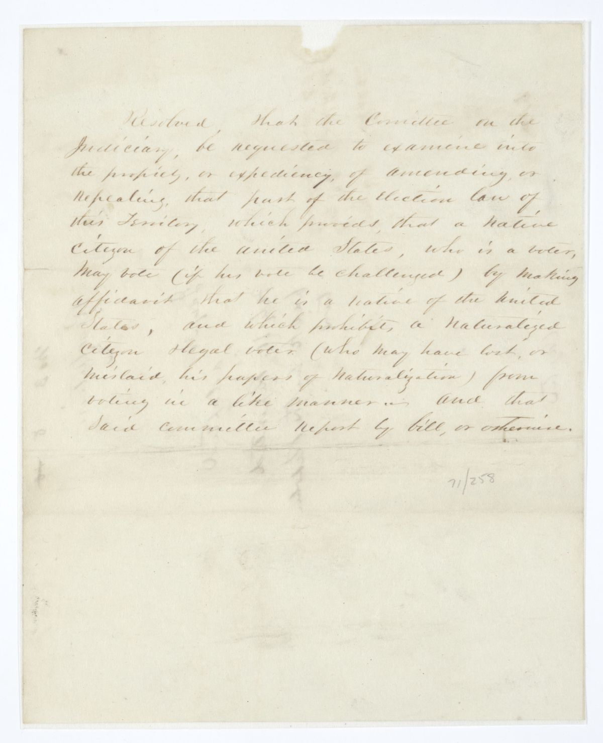 Resolution Instructing the Committee on the Judiciary to Inquire into the Propriety of Amending a Portion of the Election Law, circa 1845