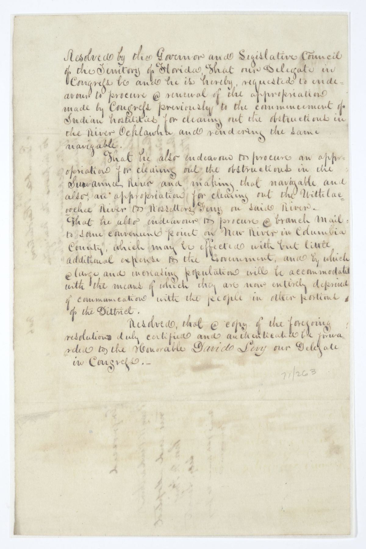 Resolution Directing the Florida Delegate in Congress to Procure Several Appropriations and a Mail Route, 1845