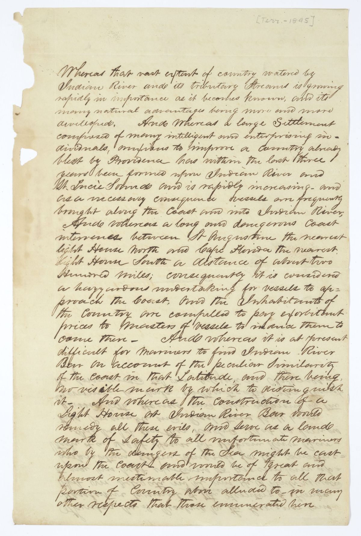 Resolution Directing the Florida Delegate in Congress to Procure an Appropriation for a Lighthouse at Indian River Bar, 1845