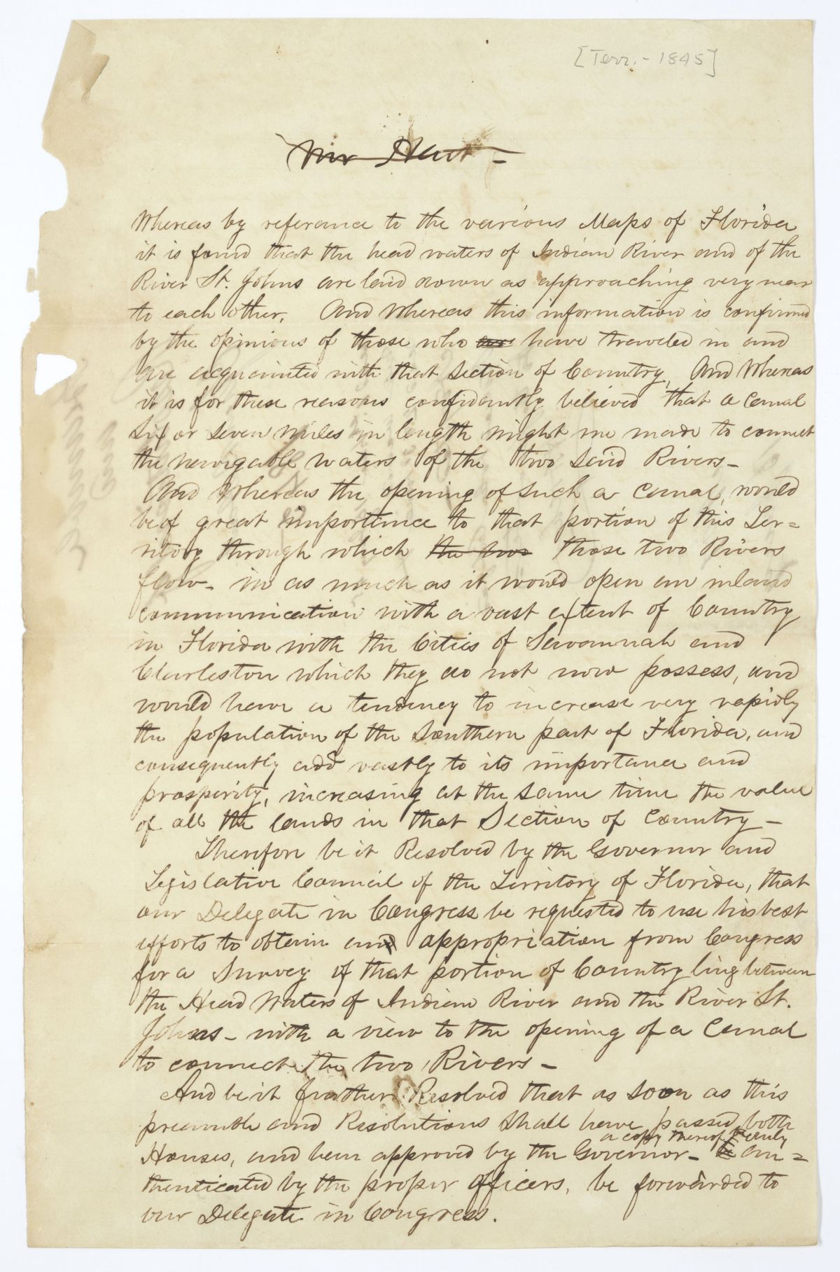 Resolution Directing the Florida Delegate in Congress to Obtain an Appropriation for a Survey of Waterways for a Canal, 1845