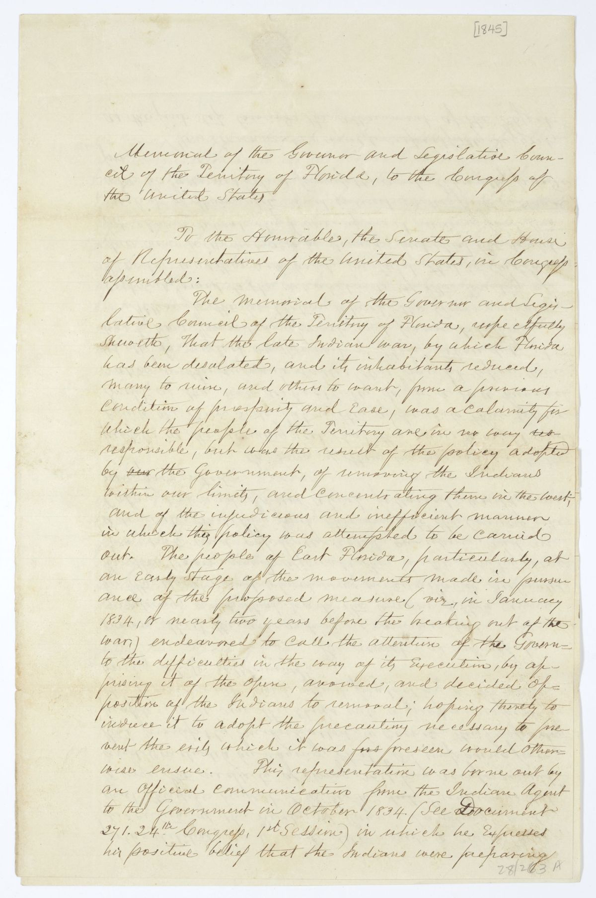 Memorial and Resolution to Congress Asking Indemnity for Losses in the Indian War, 1845