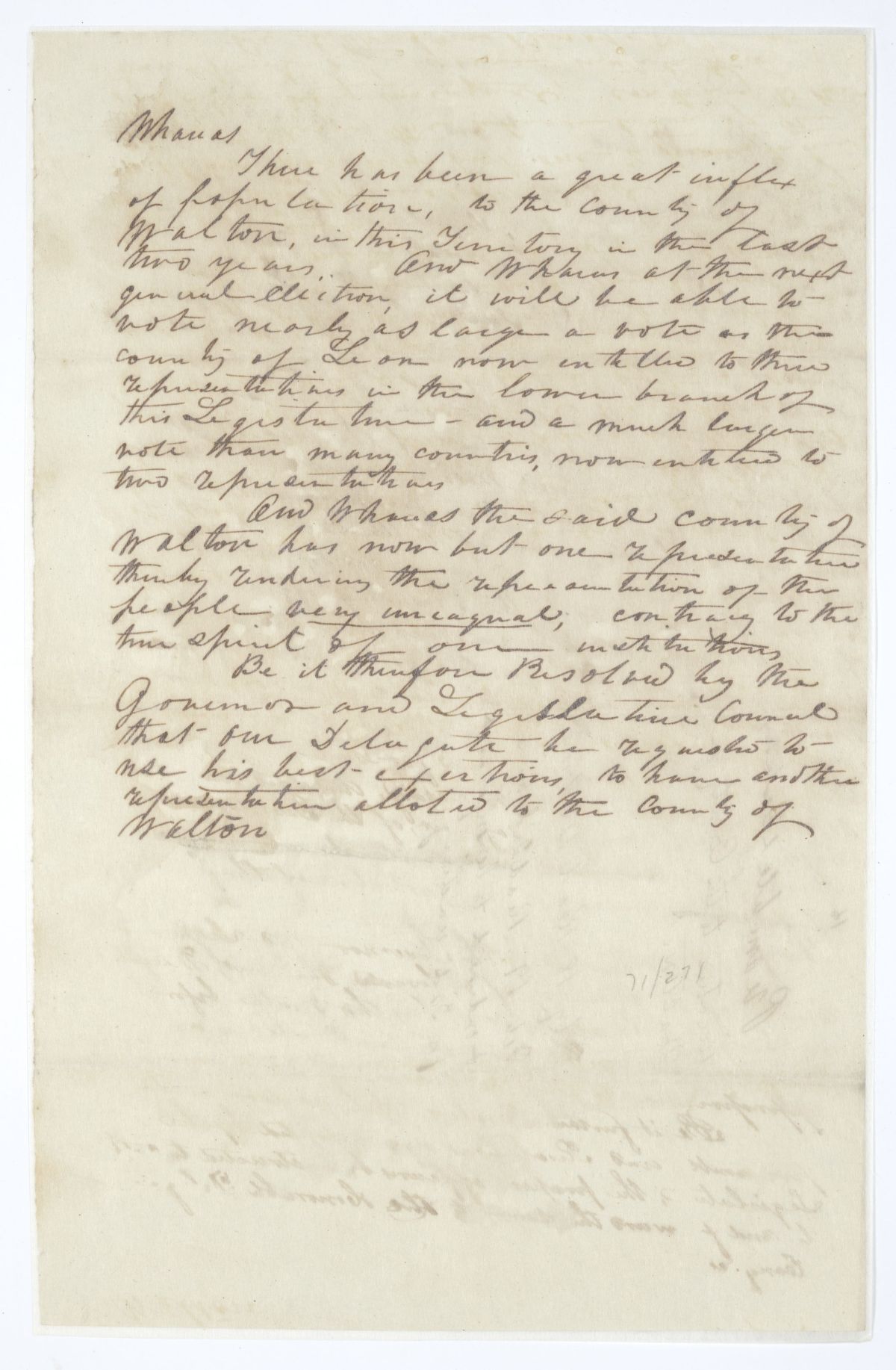 Resolution Directing the Florida Delegate in Congress to Obtain an Additional Representative from Walton County, circa 1845