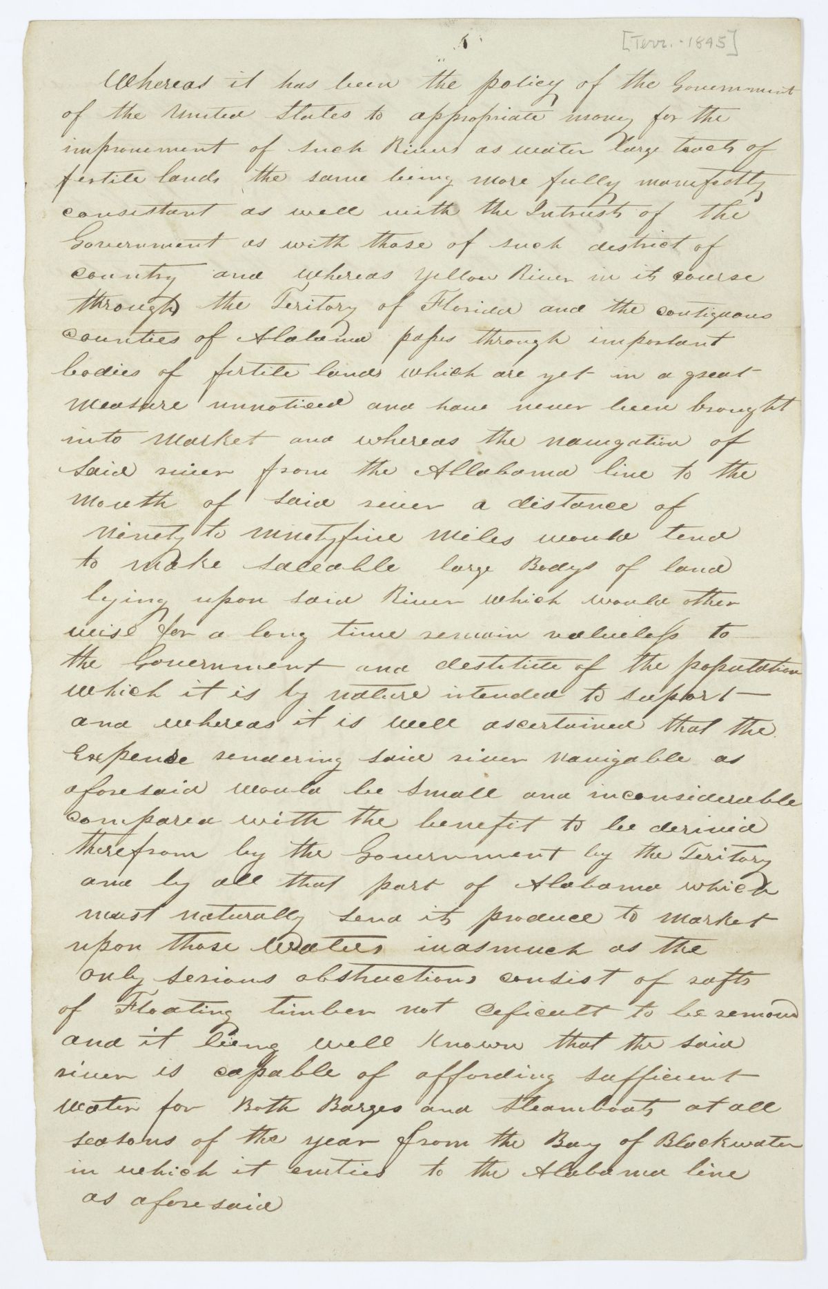 Resolution Directing the Florida Delegate in Congress to Procure an Appropriation for the Clearing Out of Yellow River, 1845