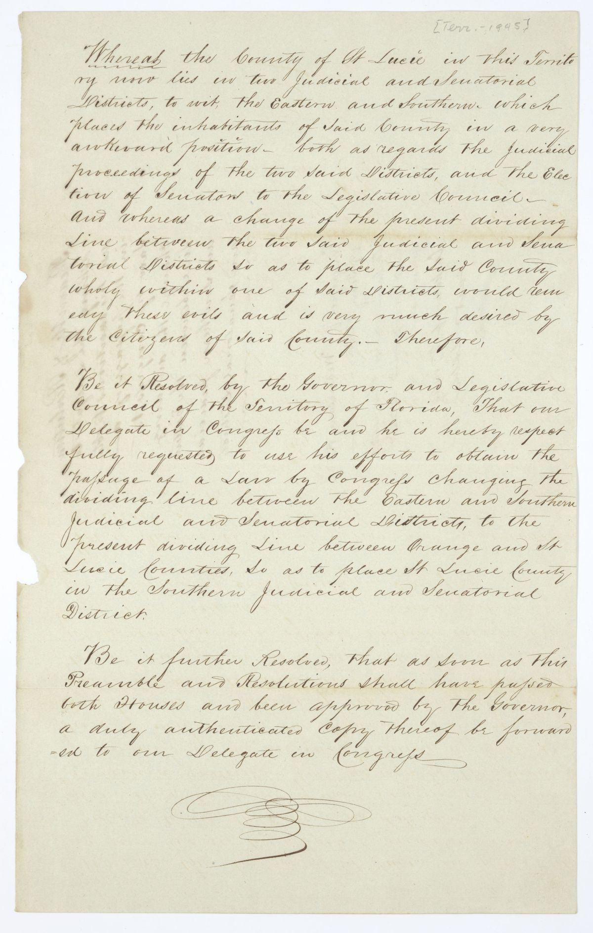 Resolution Directing the Florida Delegate in Congress to Procure a Law Altering Certain Judicial and Senatorial Districts, 1845