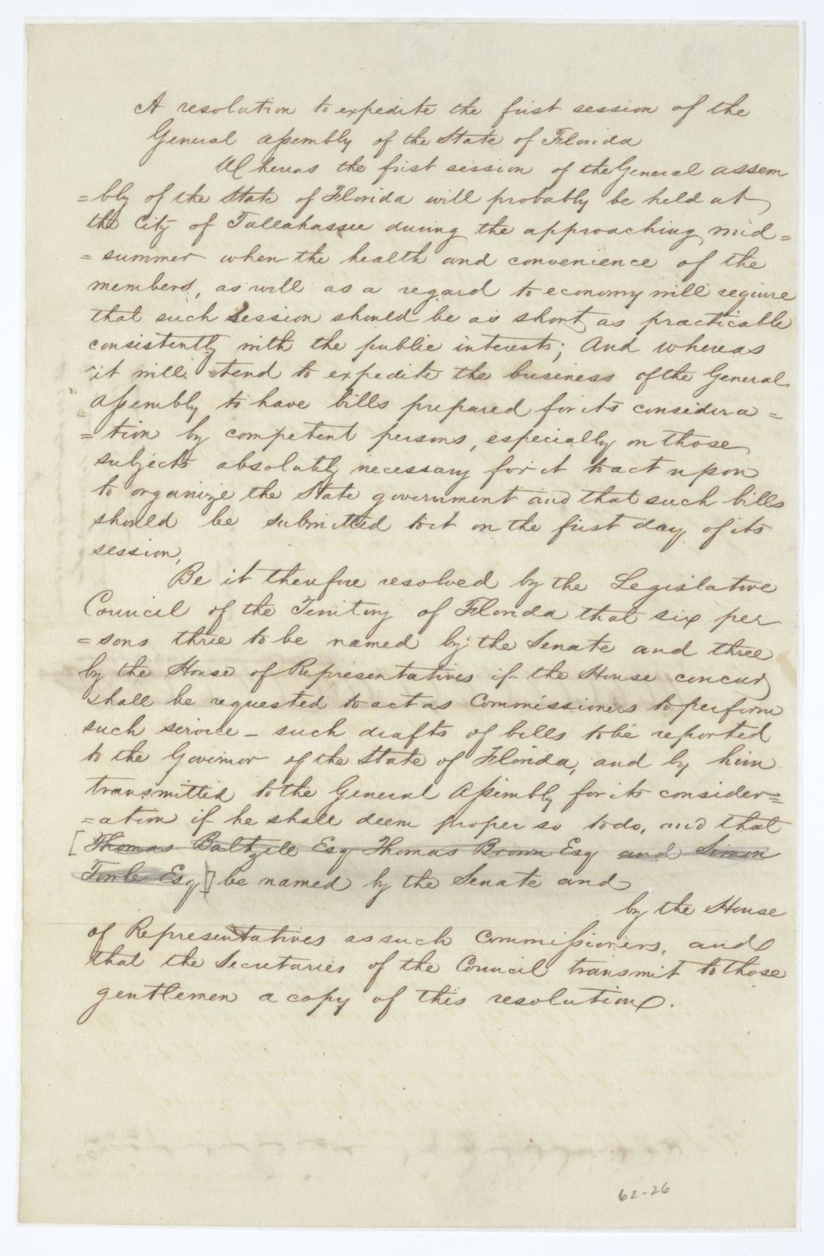 Resolution to Expedite the First Session of the General Assembly of the State of Florida, circa 1845