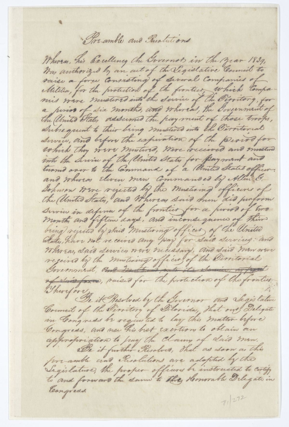 Resolution Directing the Florida Delegate in Congress to Procure an Appropriation for the Compensation of Certain Soldiers, 1845