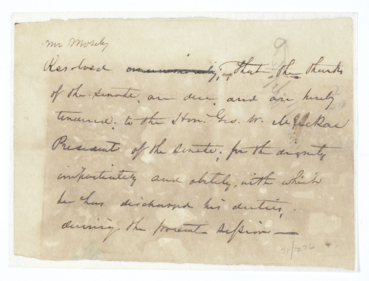 Resolution Thanking President of the Senate George W. Macrae, circa 1845