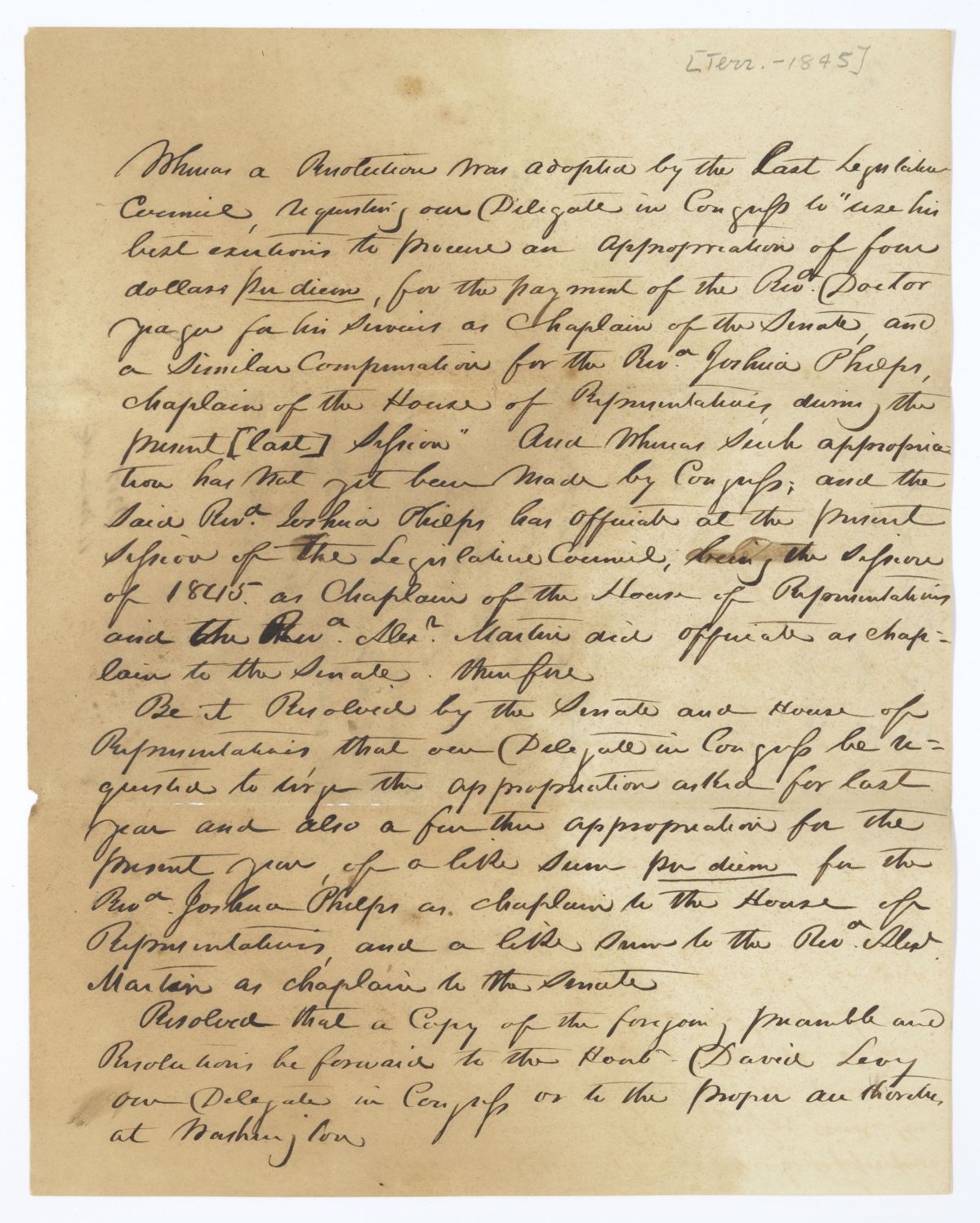 Resolution Directing the Florida Delegate in Congress to Procure an Appropriation for the Per Diem of the Legislative Chaplains, 1845