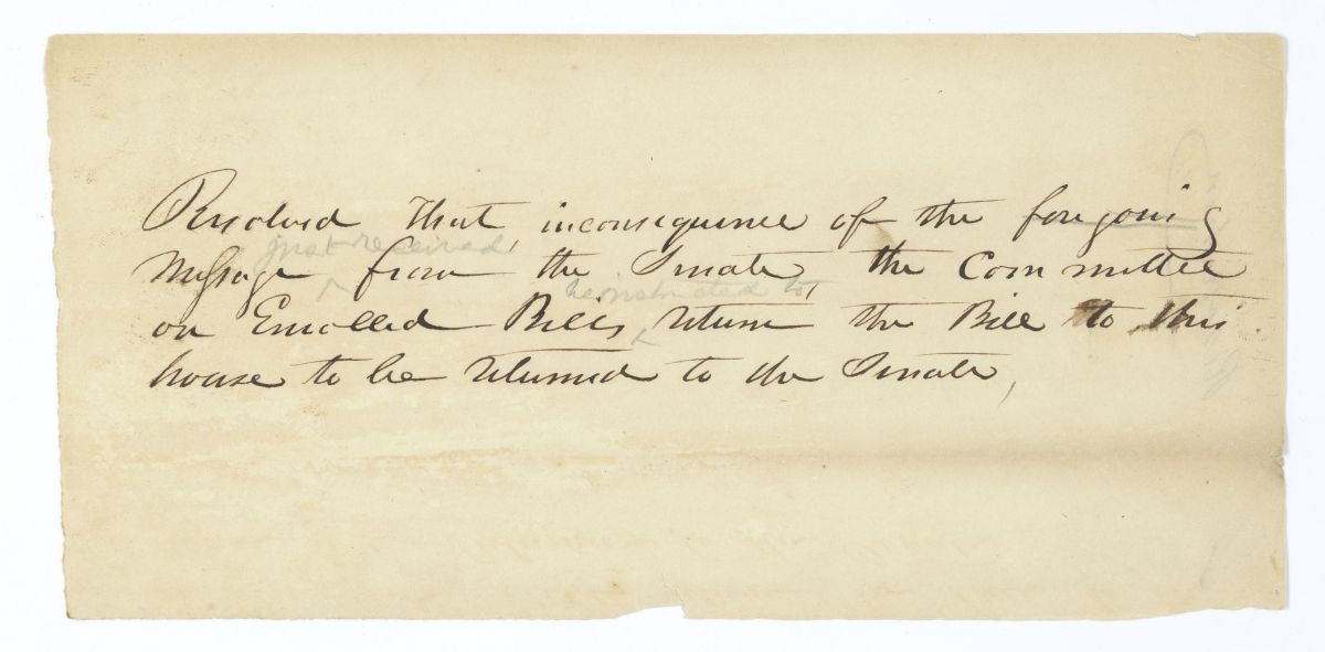 Resolution Declaring that a Bill Will Be Returned to the Senate, circa 1845