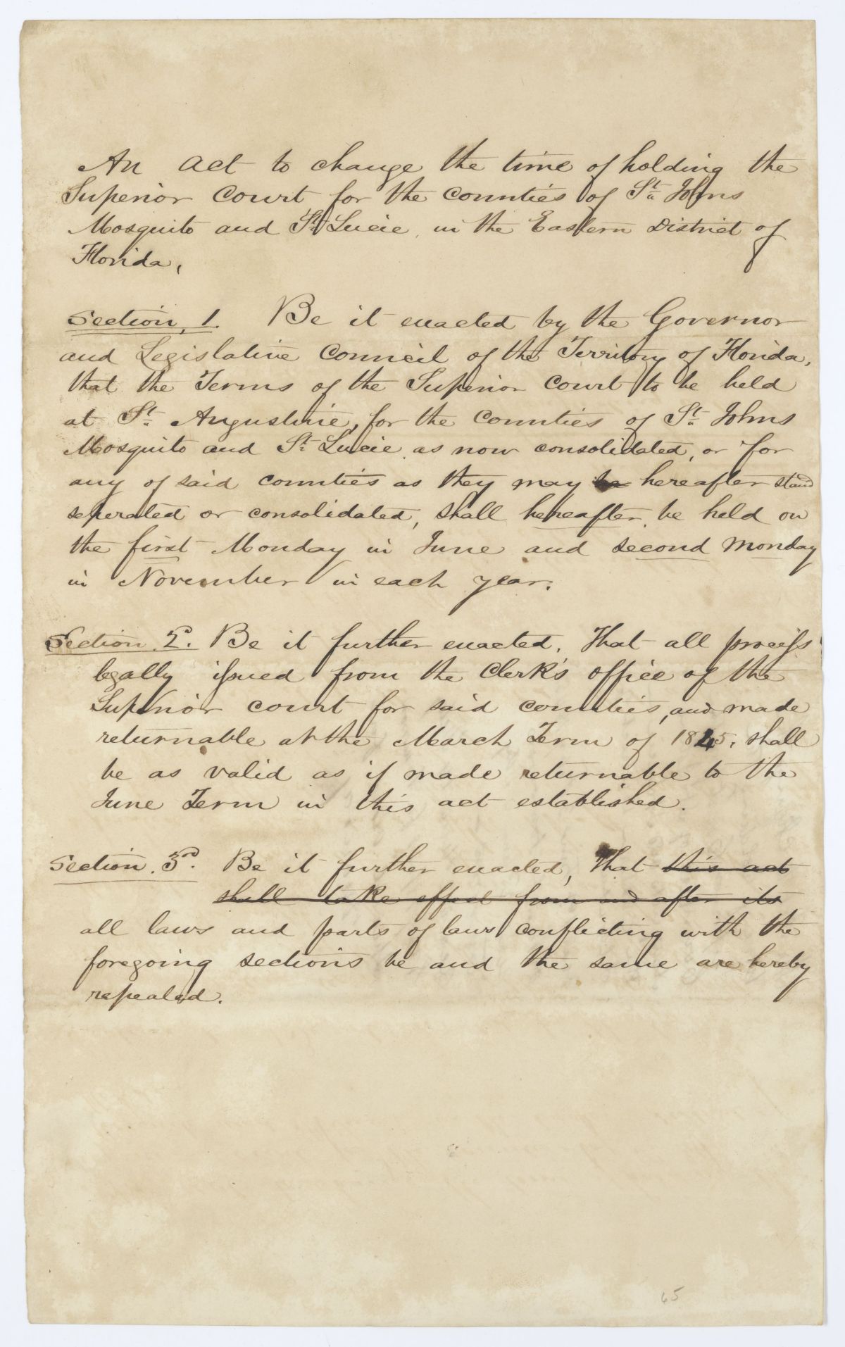 Draft of an Act to Change the Time of Holding the Superior Court for the Counties of Saint Johns, Mosquito and Saint Lucie, 1845