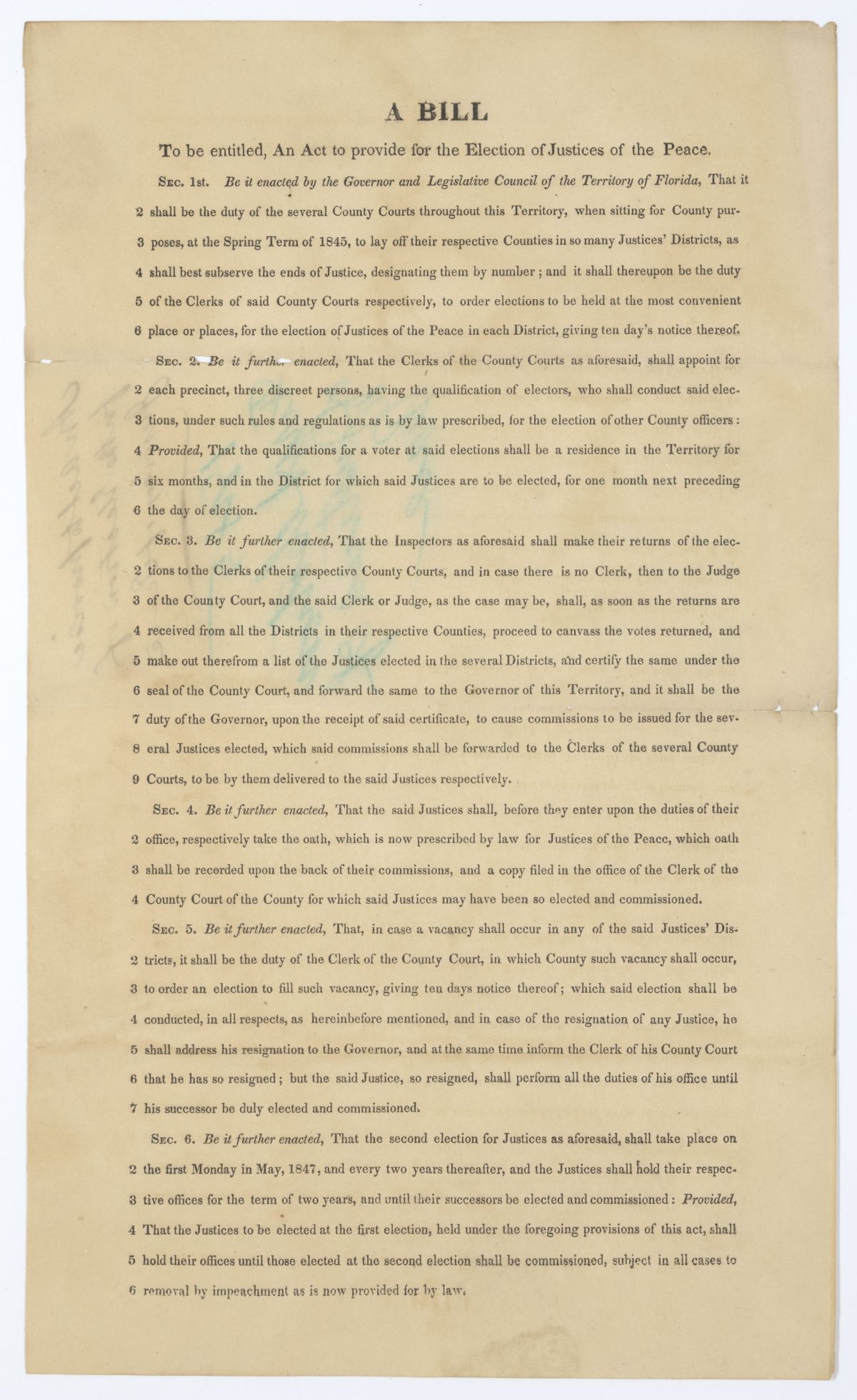 Draft of an Act to Provide for the Election of Justices of the Peace, 1845