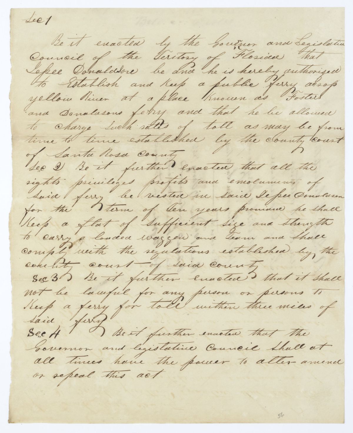 Draft of an Act to Authorize Jesse Donaldson to Establish a Ferry Across the Yellow River in Santa Rosa County, 1845