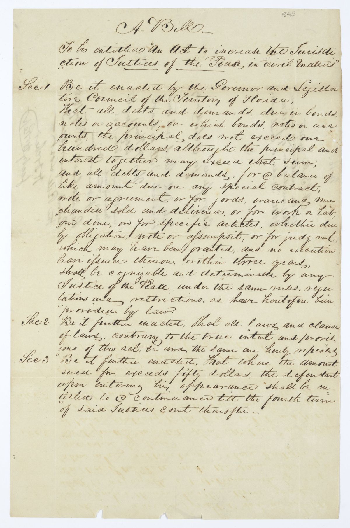 Draft of an Act to Increase the Jurisdiction of Justices of the Peace in Civil Matters, 1845