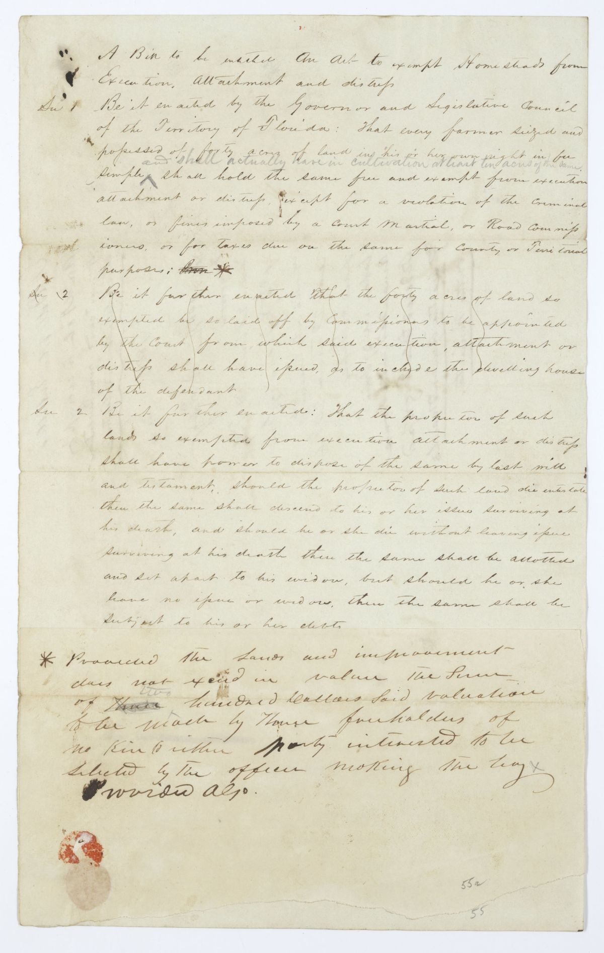 Draft of an Act to Exempt Homesteads from Execution, Attachment and Distress, 1845