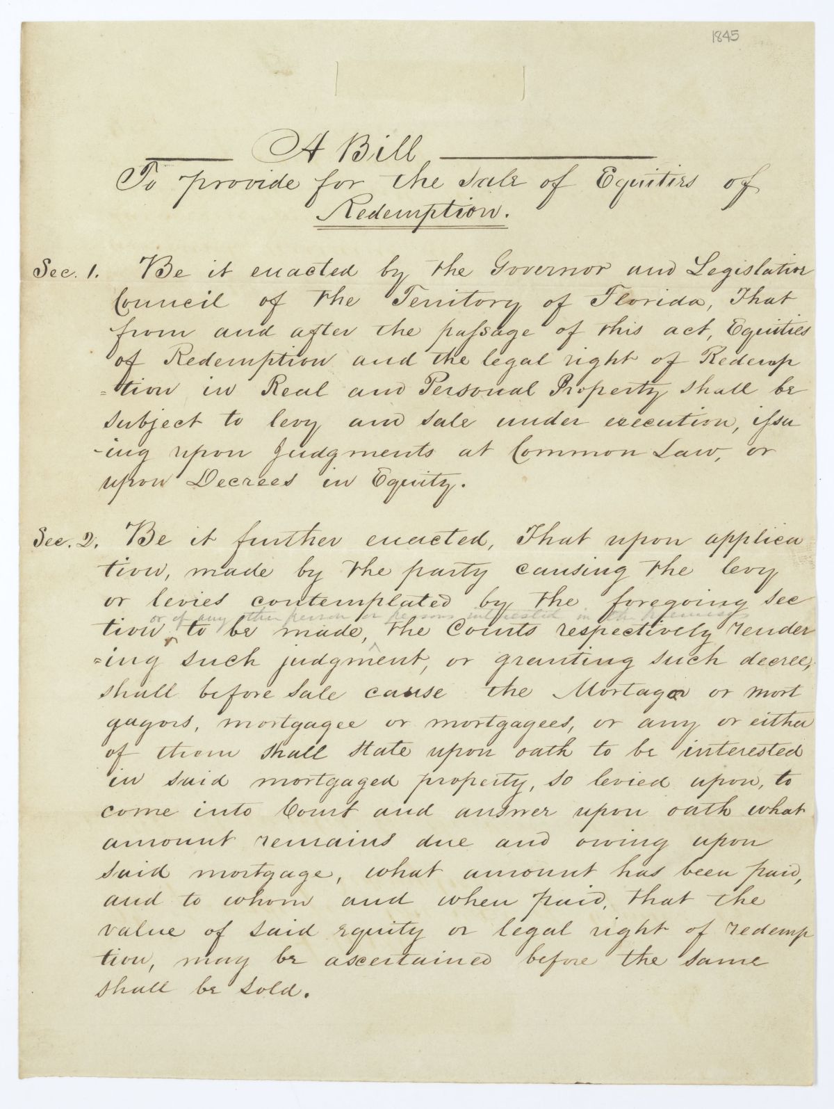 Draft of an Act to Provide for the Sale of Equities of Redemption, 1845