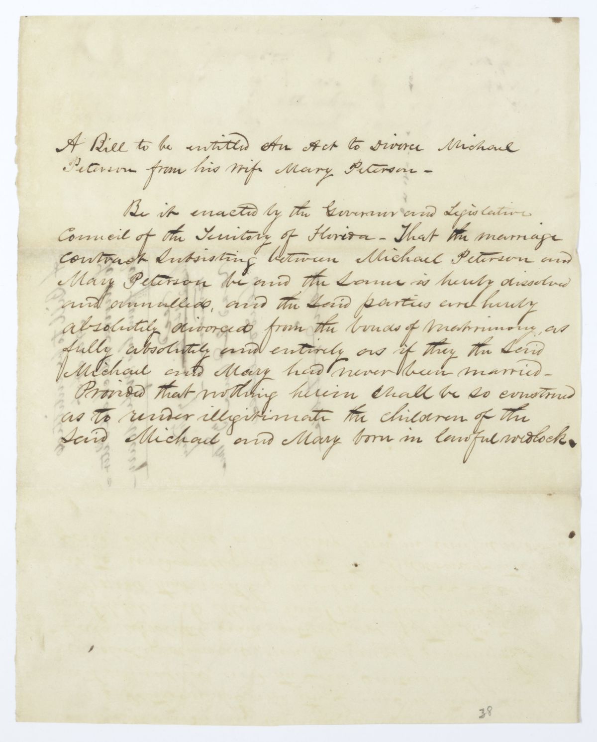 Draft of an Act to Divorce Michael Peterson from His Wife Mary Peterson, circa 1845