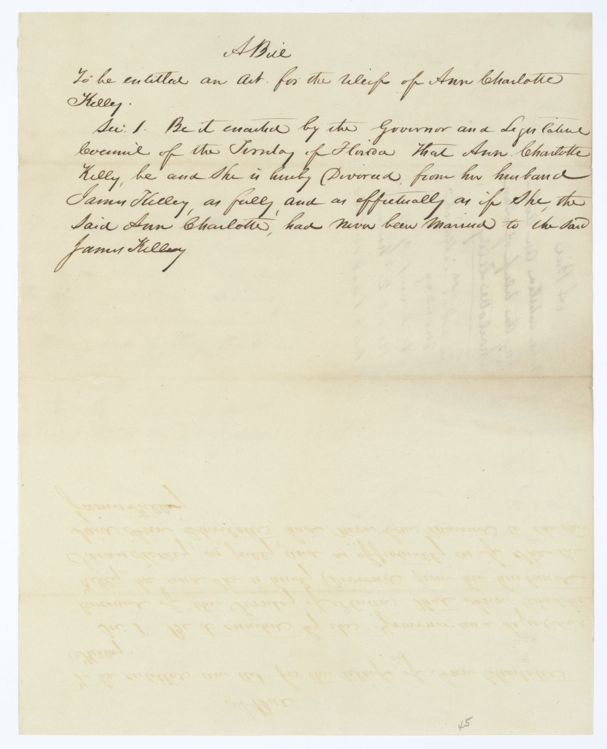 Draft of an Act for the Relief of Ann Charlotte Kelly, circa 1845