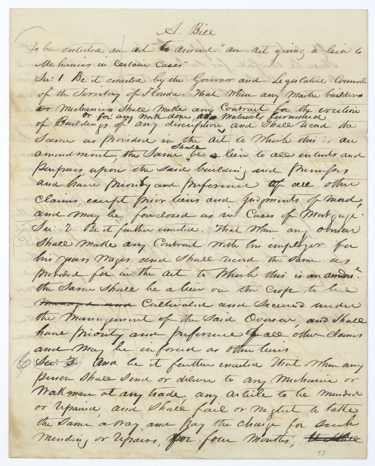 Draft of an Act to Amend an Act Giving a Lien to Mechanics in Certain Cases, 1845