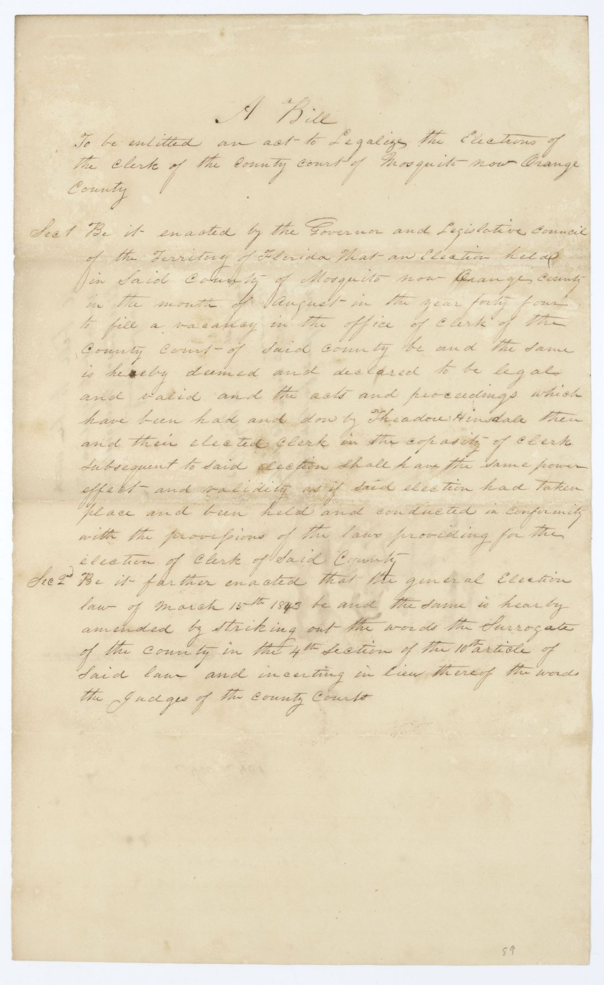 Draft of an Act to Legalize the Election of the Mosquito County Clerk of Court, 1845