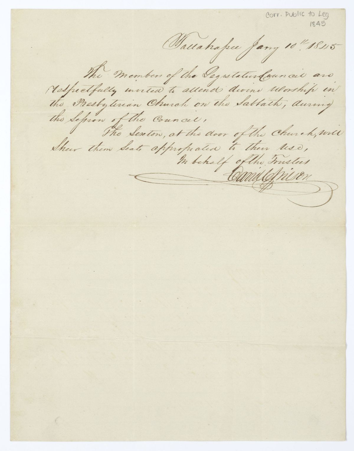 Letter from the Presbyterian Church of Tallahassee Inviting the Members of the Territorial Legislative Council to Worship, 1845