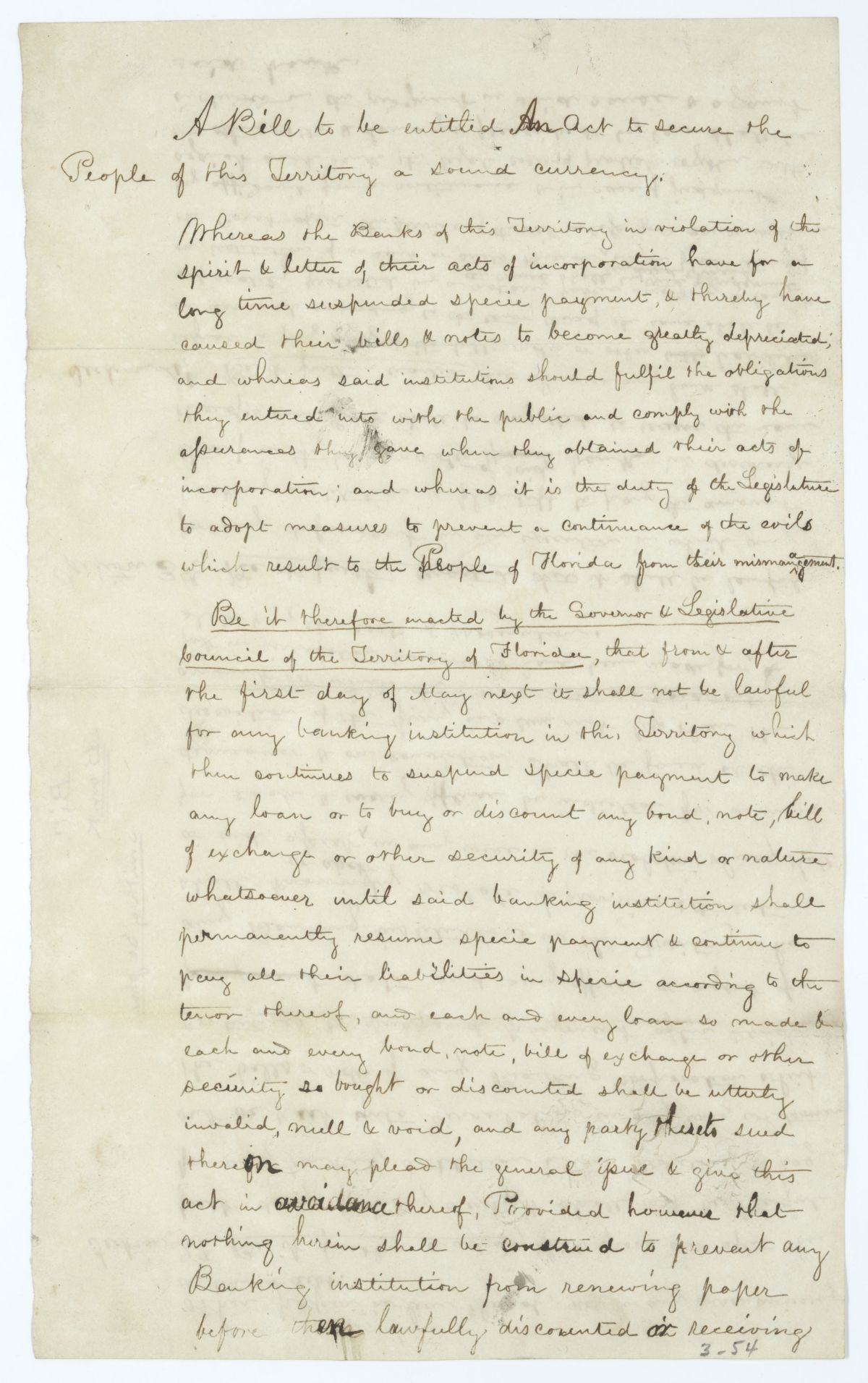 Draft of an Act to Secure the People of the Territory a Sound Currency, circa 1845