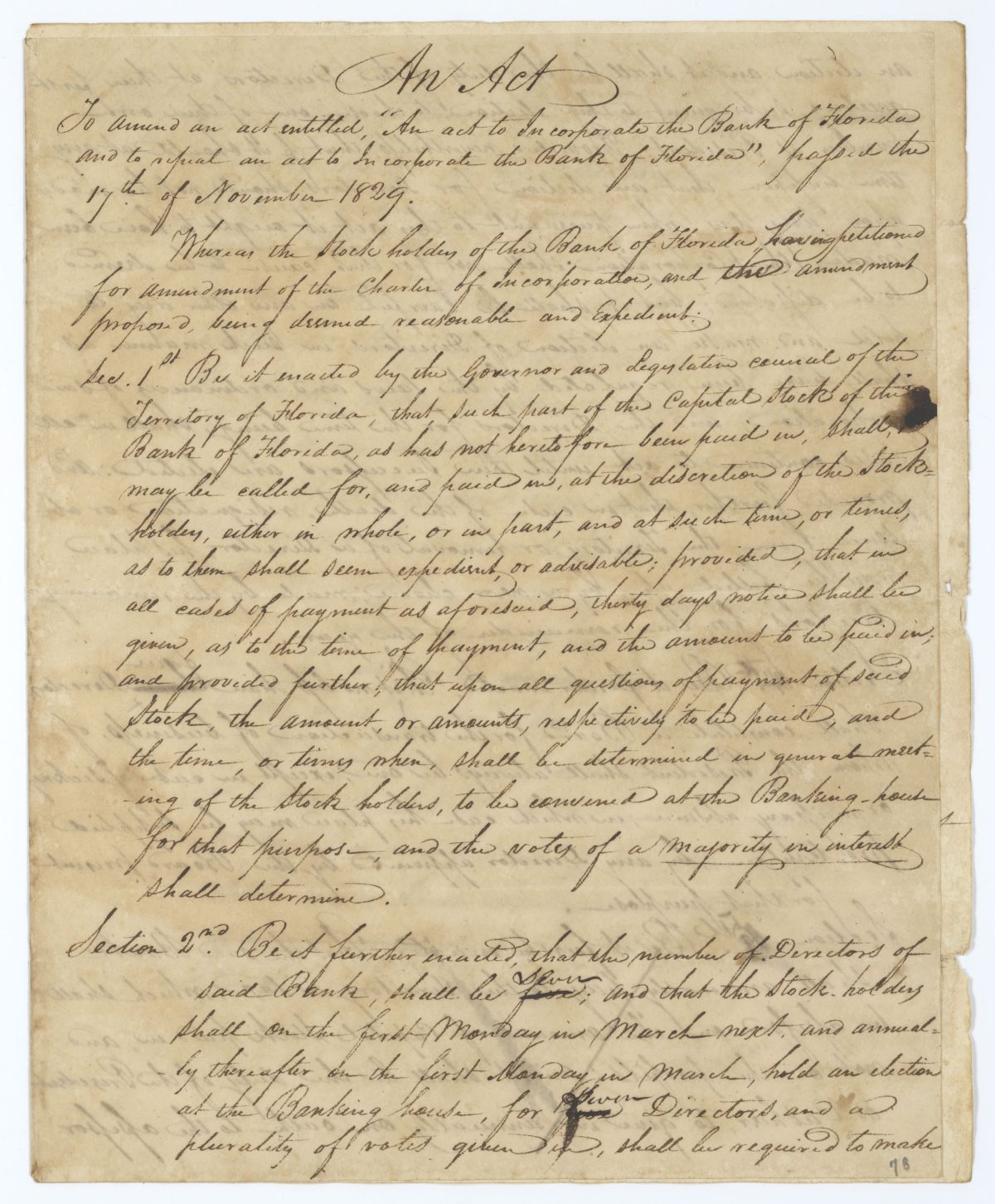 Draft of an Act to Amend an Act Concerning the Bank of Florida, circa 1845