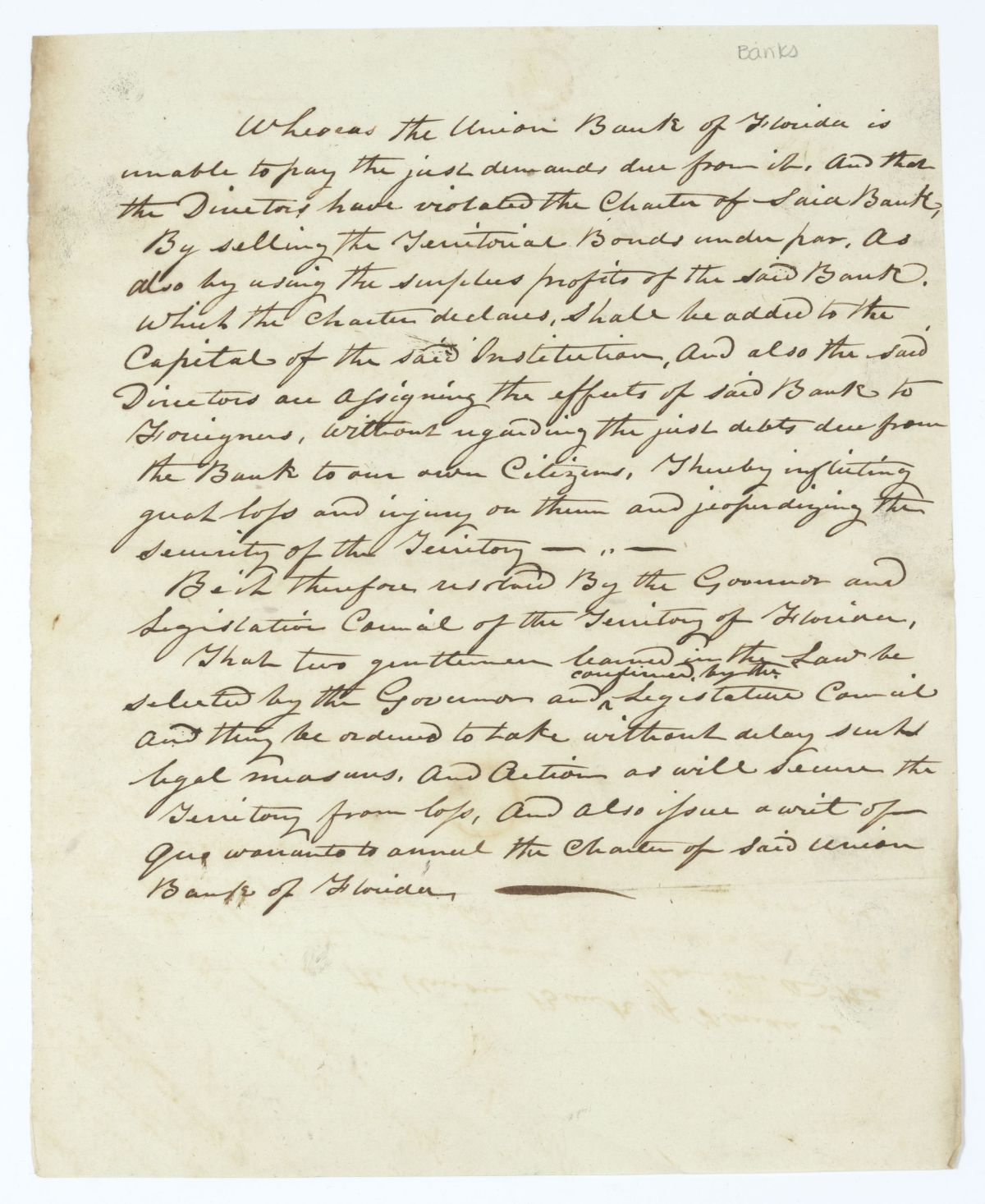 Resolution Calling for a Writ of Quo Warranto to Annul the Charter of the Union Bank of Florida, circa 1845