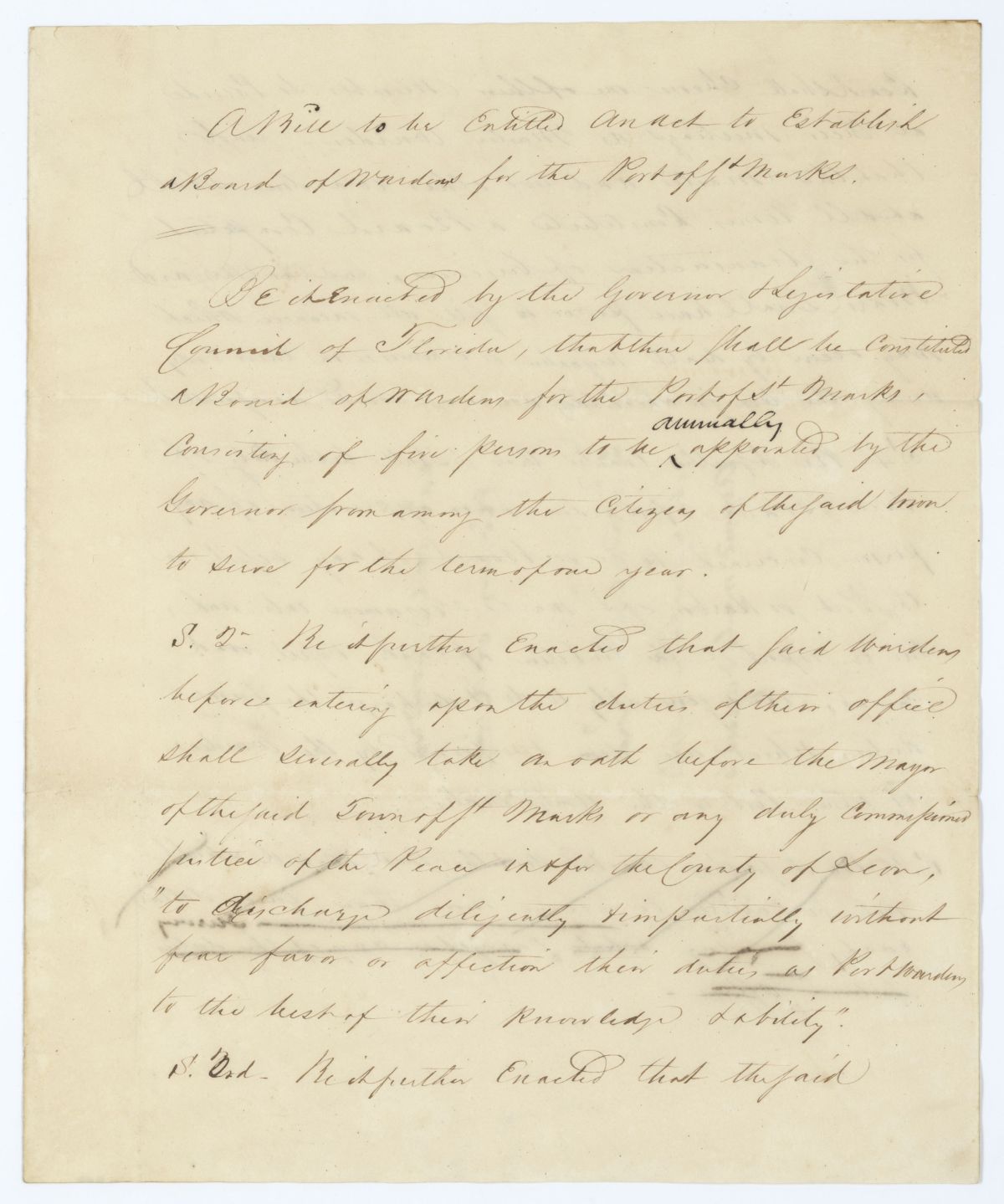 Draft of an Act to Establish a Board of Wardens for the Port of Saint Marks, circa 1845