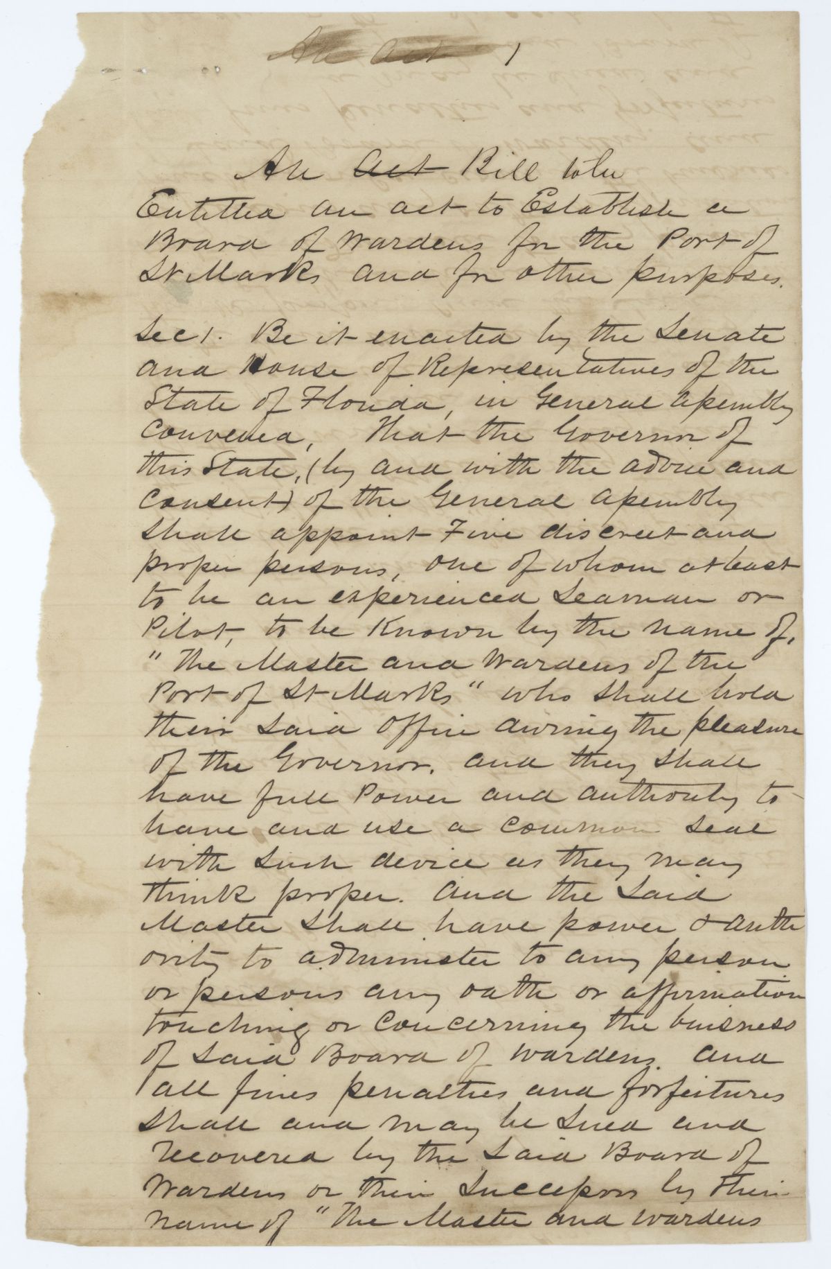 Draft of an Act to Establish a Board of Wardens for the Port of Saint Marks and for Other Purposes, circa 1845