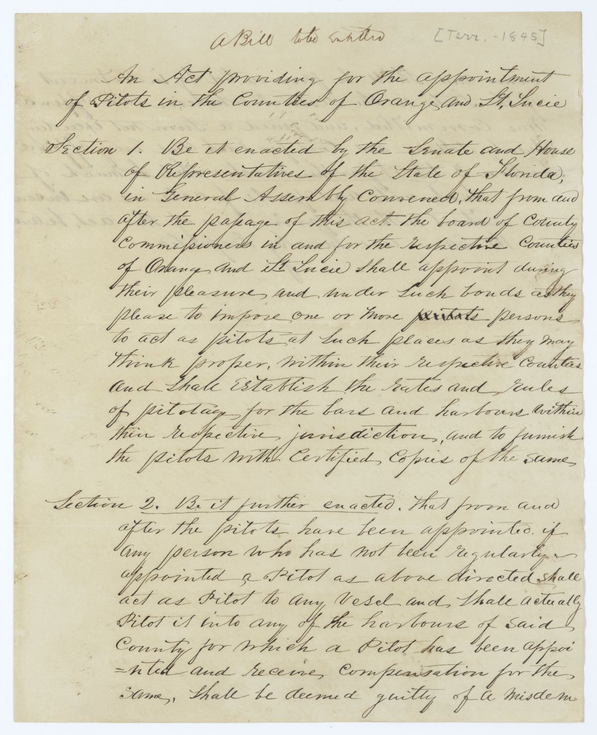 Draft of an Act Providing for the Appointment of Pilots in the Counties of Orange and Saint Lucie, circa 1845