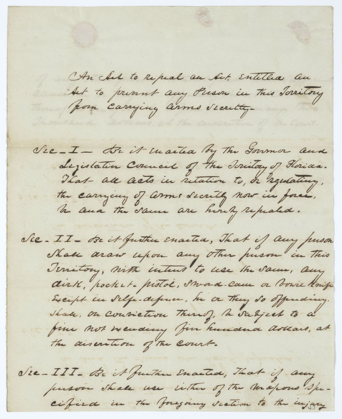 Draft of an Act to Repeal an Act to Prevent Any Person in the Territory from Carrying Arms Secretly, circa 1845