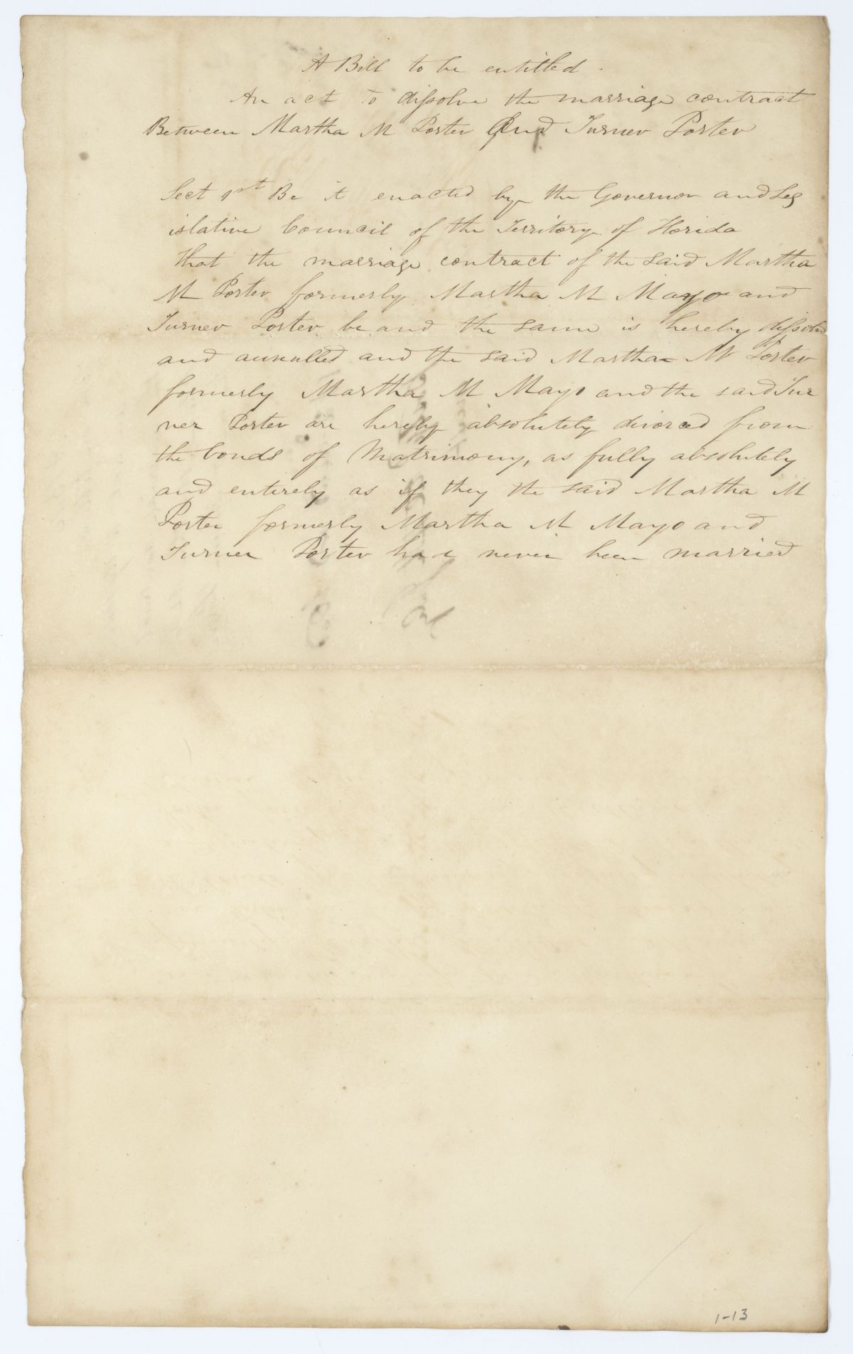 Draft of an Act to Dissolve the Marriage Contract Between Martha M. Porter and Turner Porter, circa 1845