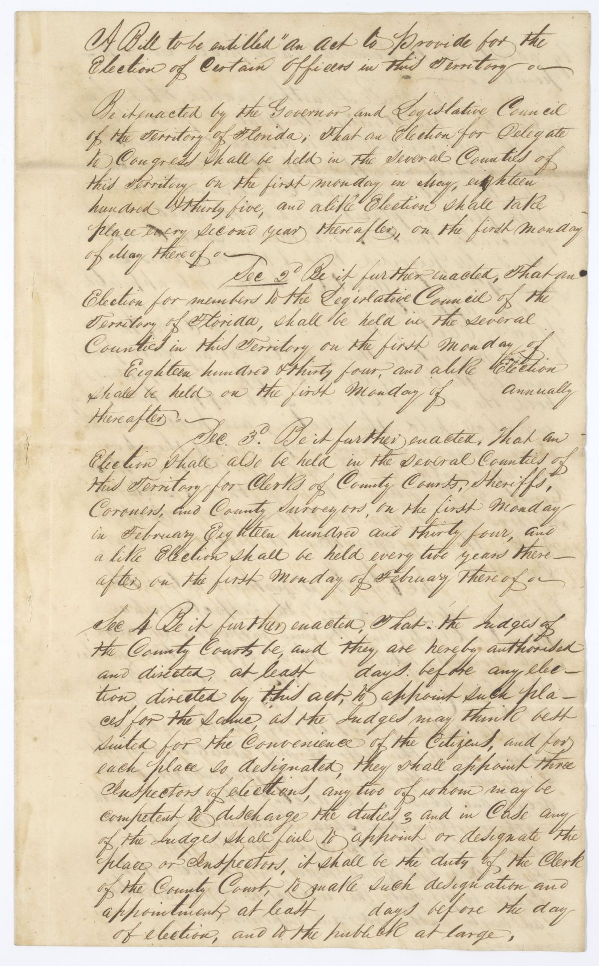 Draft of an Act to Provide for the Election of Certain Officers in the Territory, circa 1845