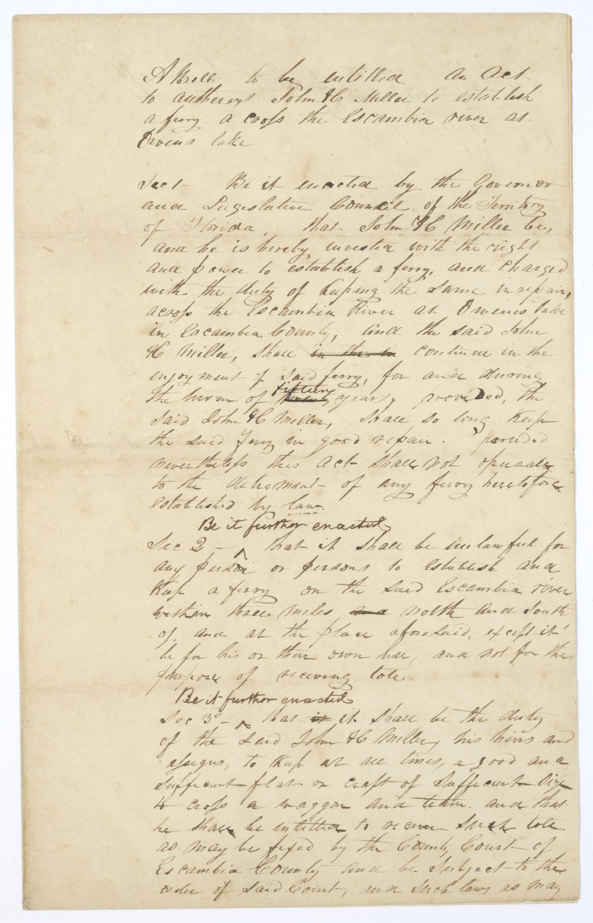 Draft of an Act to Authorize John H. Miller to Establish a Ferry Across the Escambia River, 1840