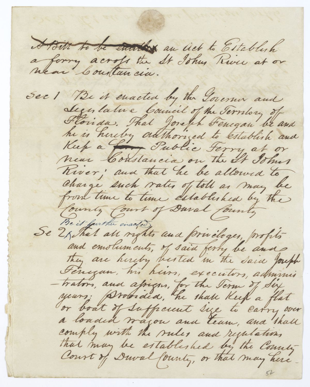 Draft of an Act to Establish a Ferry Across the Saint Johns River at or Near Constancia, 1844