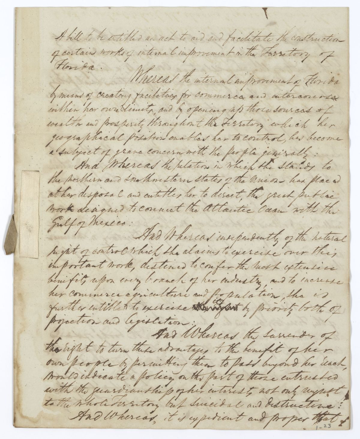 Draft of an Act to Aid and Facilitate the Construction of Certain Works of Internal Improvements in the Territory of Florida, 1837