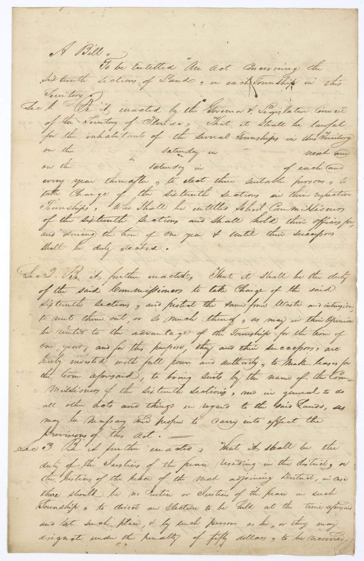 Draft of an Act Concerning the Sixteenth Sections of Land in Each Township of the Territory, circa 1837