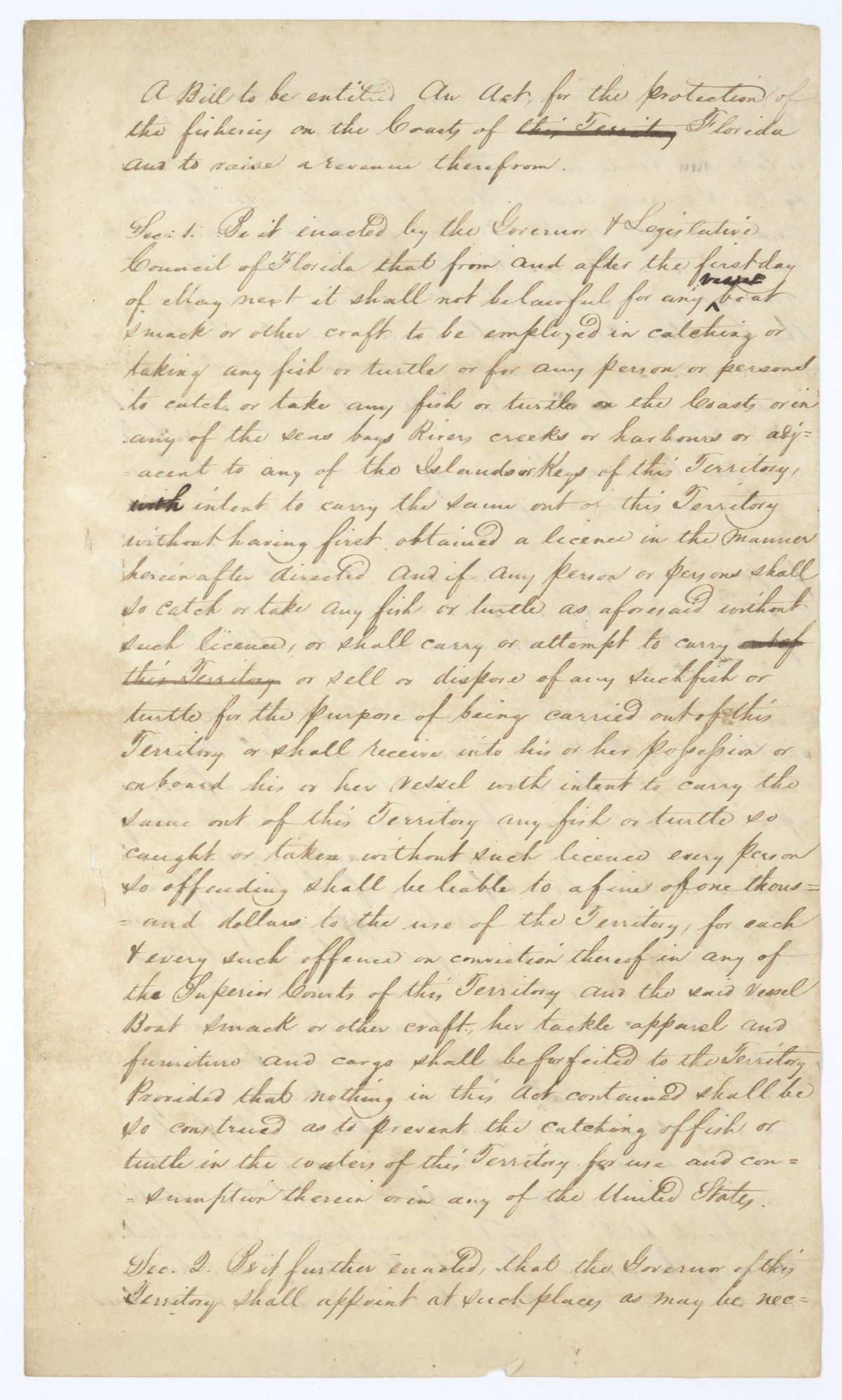 Draft of an Act for the Protection of the Fisheries on the Coasts of Florida, 1832