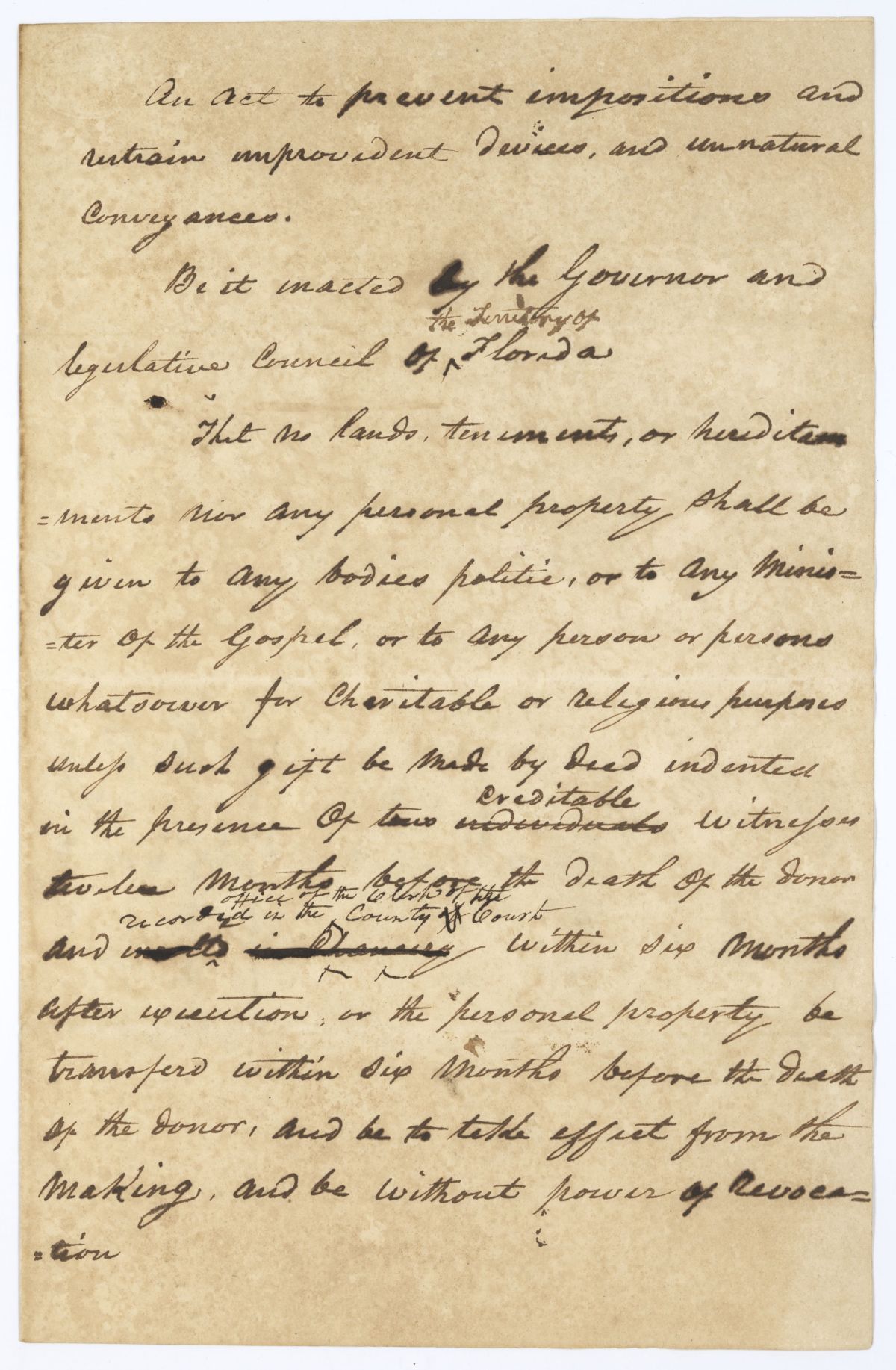 Draft of an Act to Prevent Impositions and Restrain Improvident Devices and Unnatural Conveyances, circa 1845