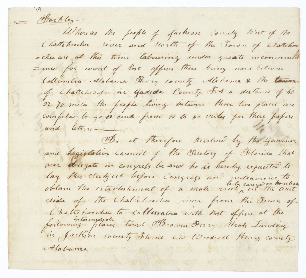 Resolution Directing the Florida Delegate in Congress to Lobby for a Mail Route Between Chattahoochee and Columbia, 1844