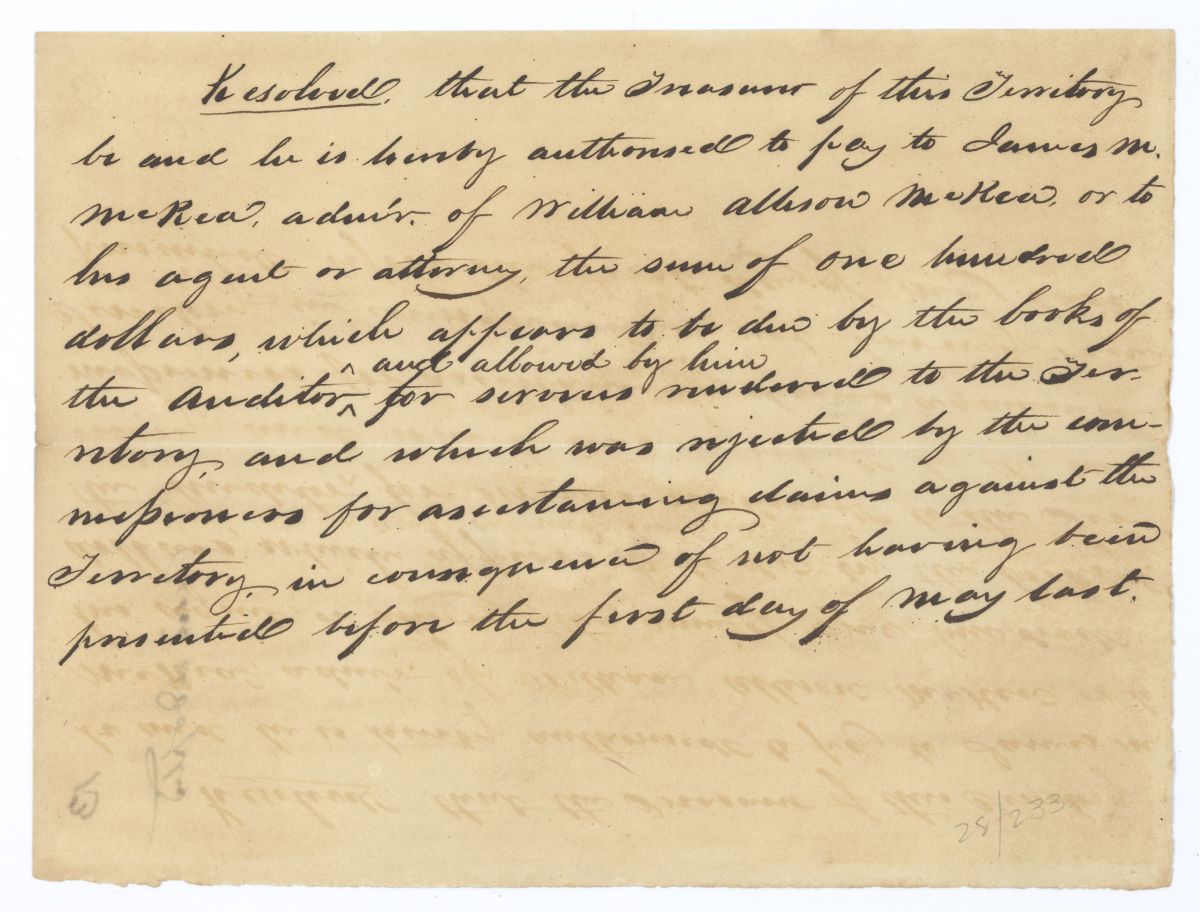 Resolution Directing the Territorial Treasurer to Pay James M. McRea One Hundred Dollars, circa 1835